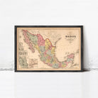 The image is a framed vintage map of Mexico, depicting the country's geographical layout and boundaries.