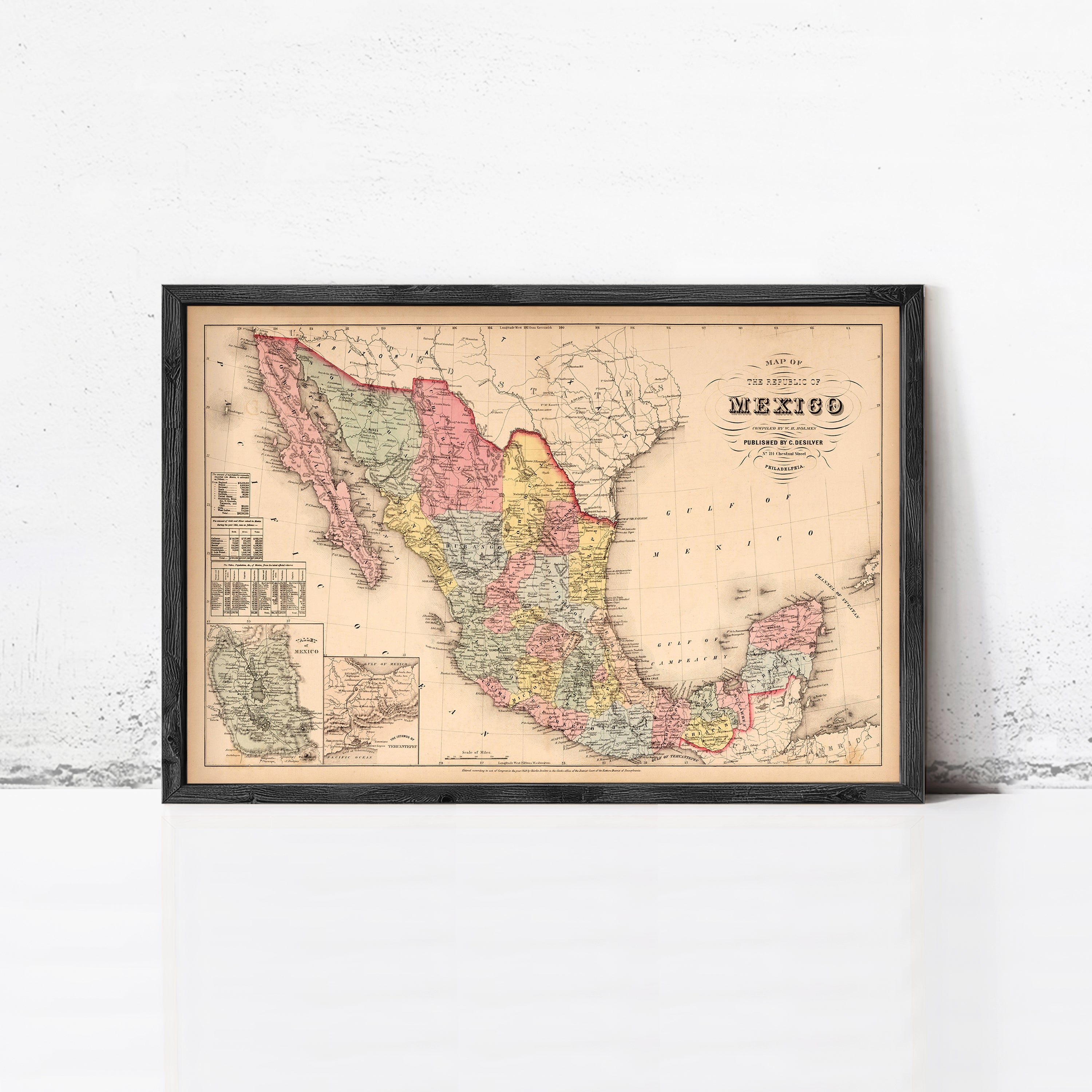 The image is a framed vintage map of Mexico, depicting the country's geographical layout and boundaries.