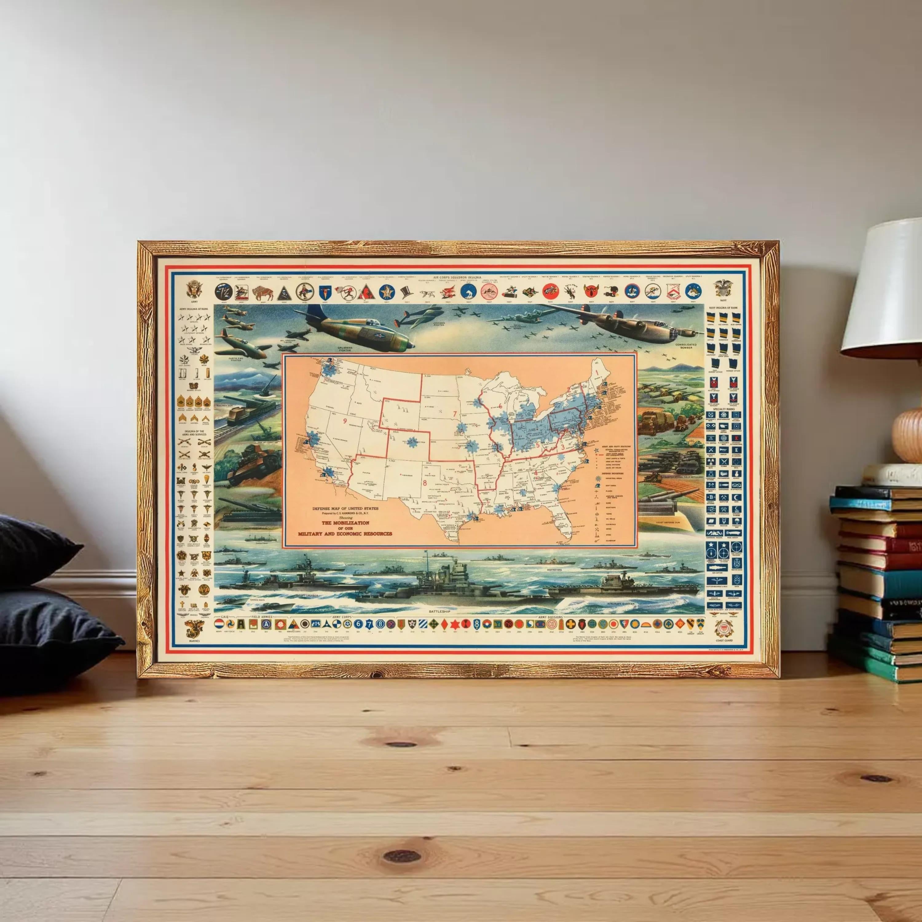 a large framed map of the United States, with various military symbols and insignia surrounding the map.