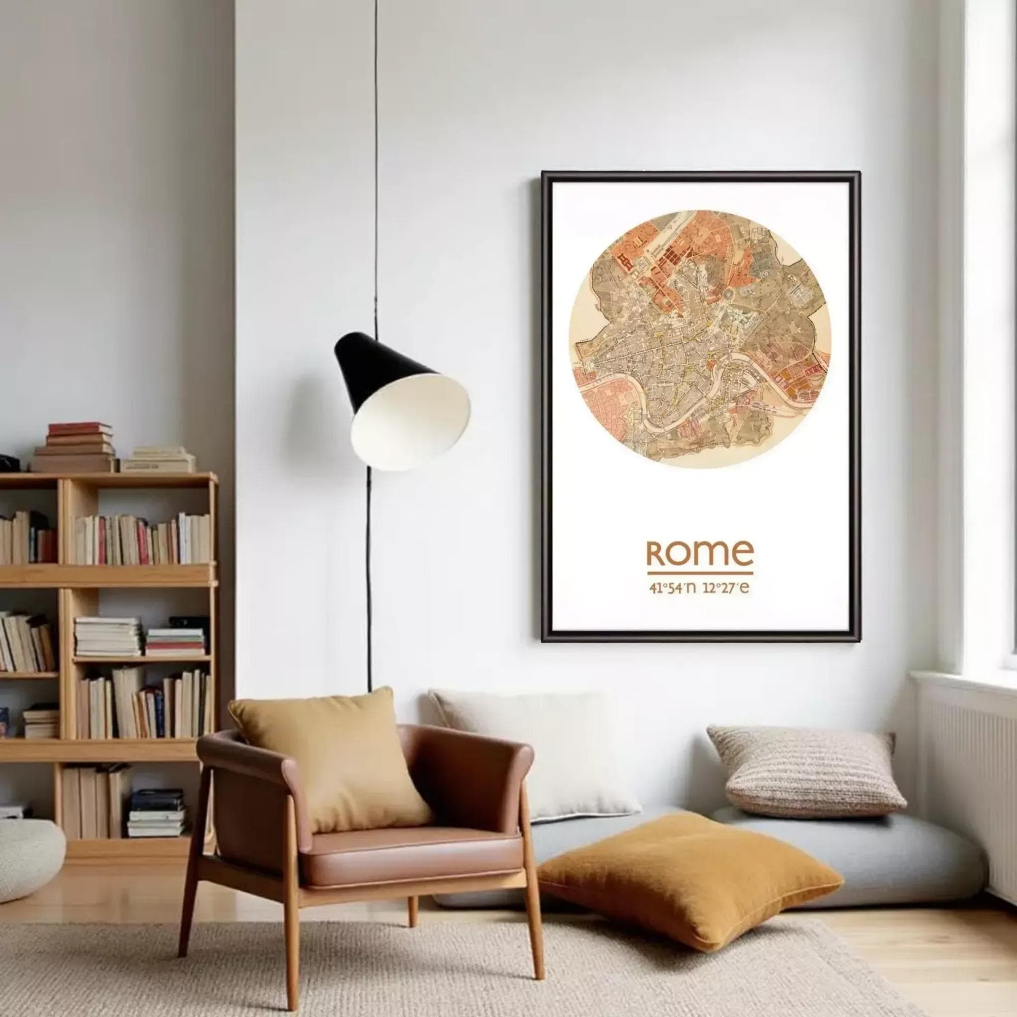 a cozy living room with a brown leather armchair, a bookshelf filled with books, and a large framed map of Rome hanging on the wall.