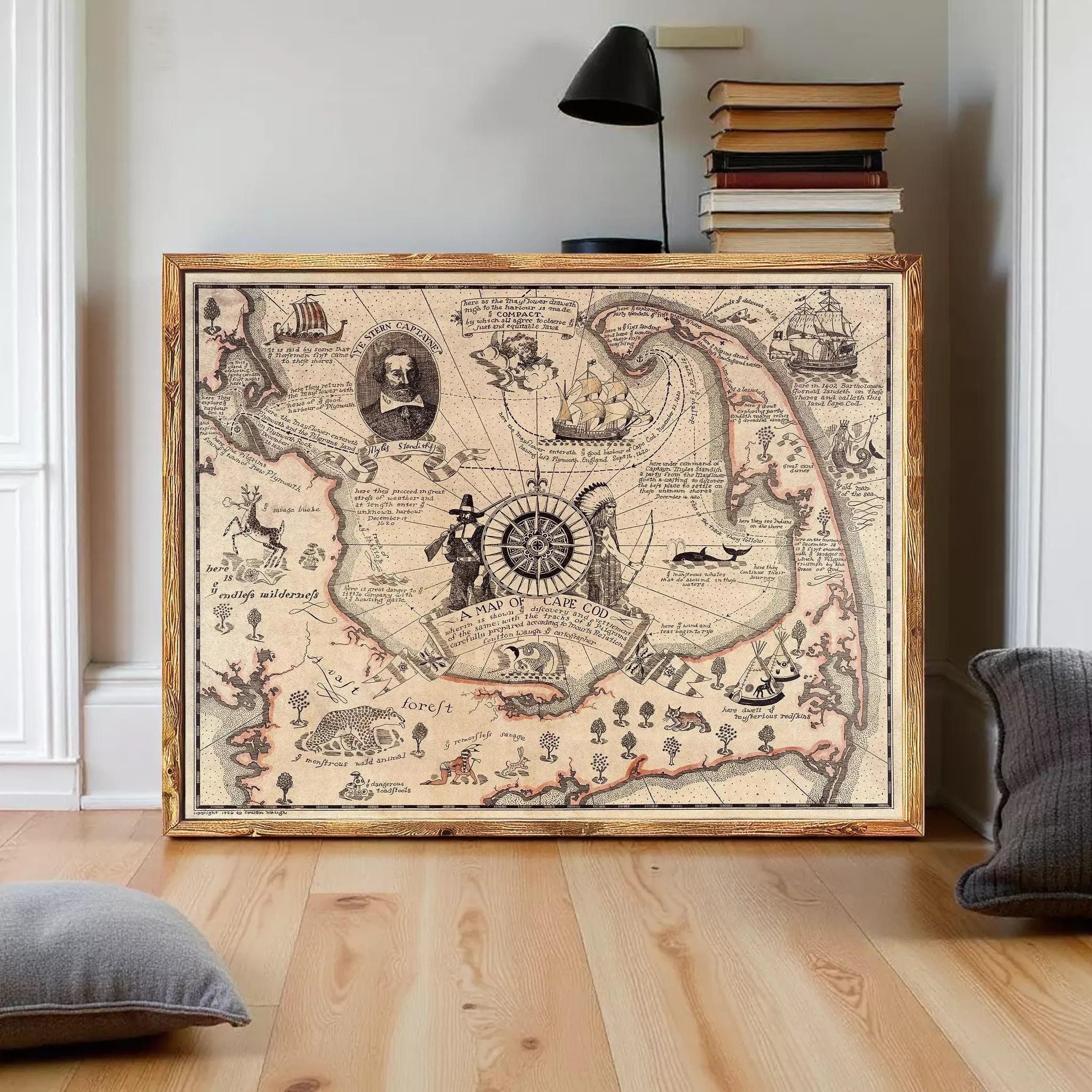 The image is a framed vintage map of the Cape Cod region, featuring various landmarks and geographical features.