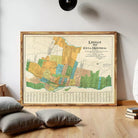 The image is a framed map of the city of Montreal, Canada, with various colored sections representing different neighborhoods and areas within the city.