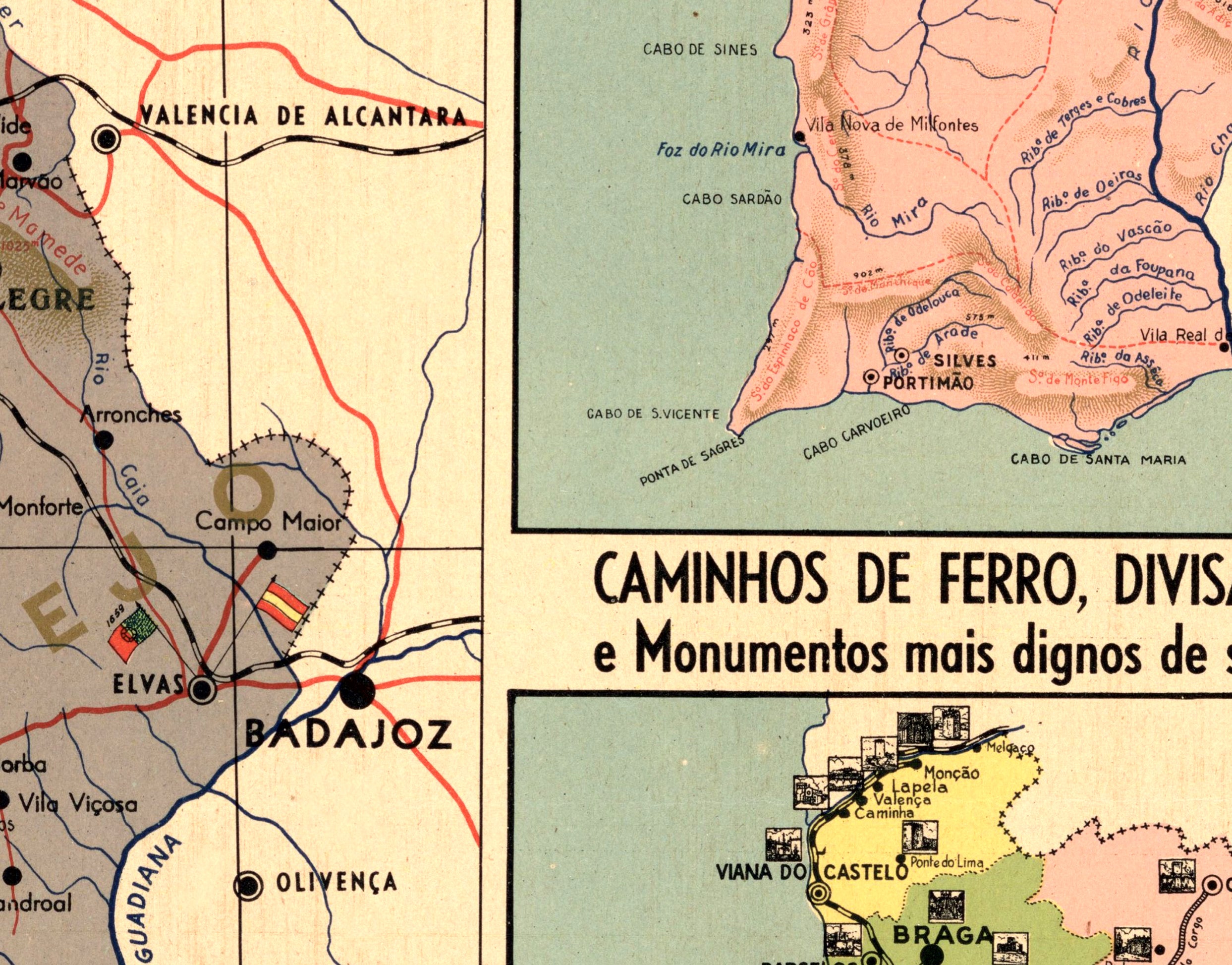 The image is a vintage map showing the region of Portugal, including the city of Badajoz, the city of Olivenca, and the surrounding areas.