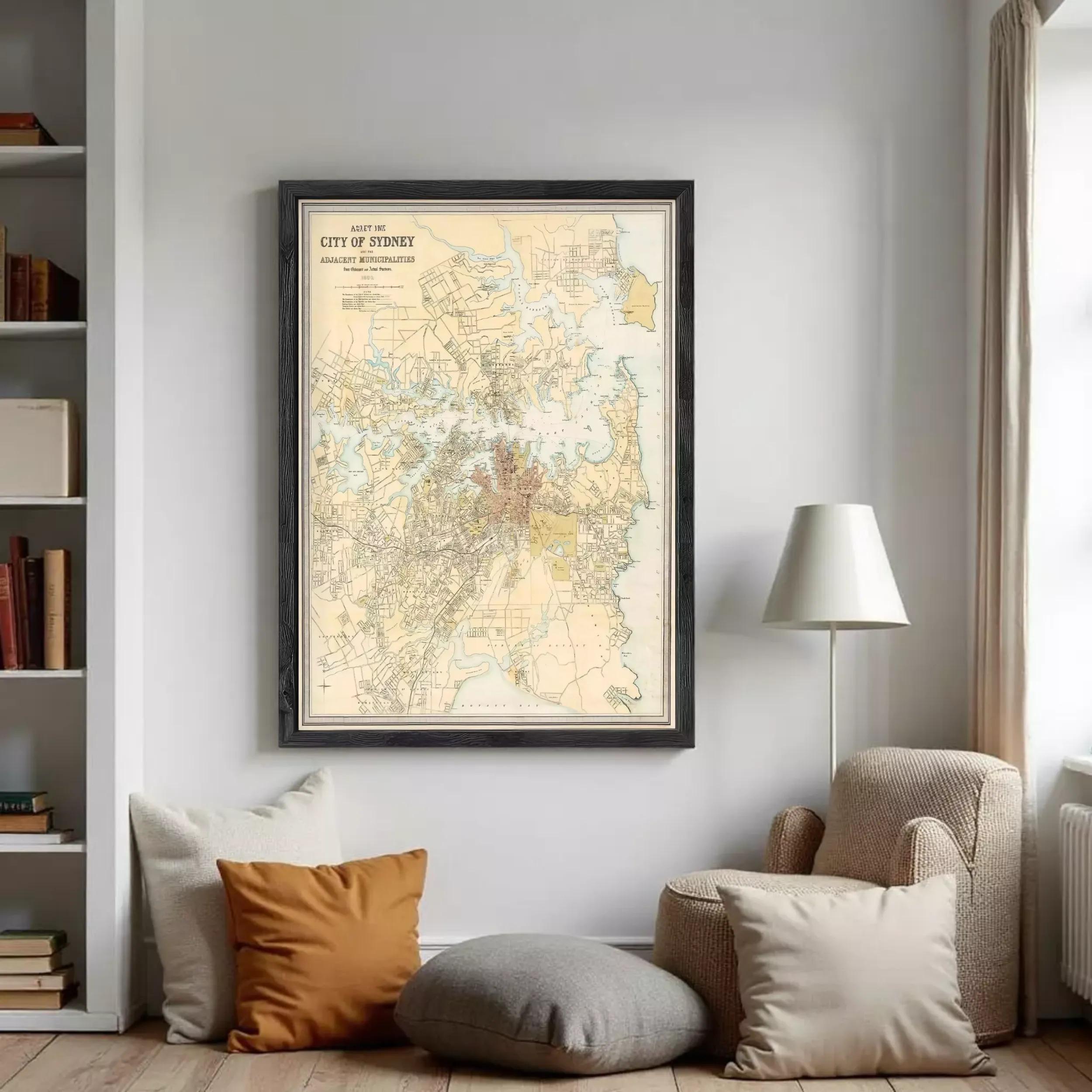The image is a framed map of the City of Sydney, Australia, depicting the city's streets, landmarks, and surrounding areas.