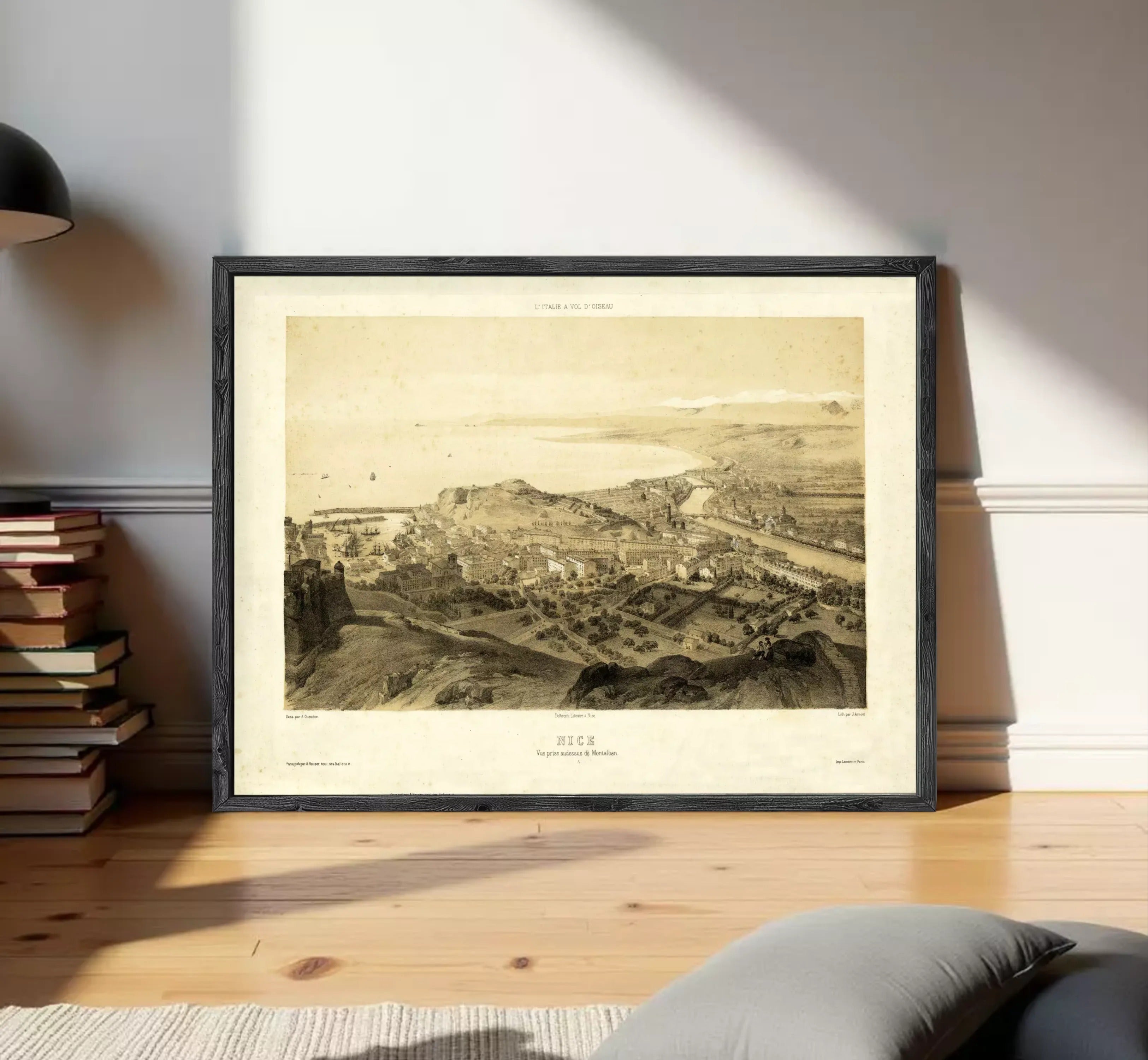 The image is a framed vintage map of a city, depicting a detailed view of the landscape and surrounding areas.