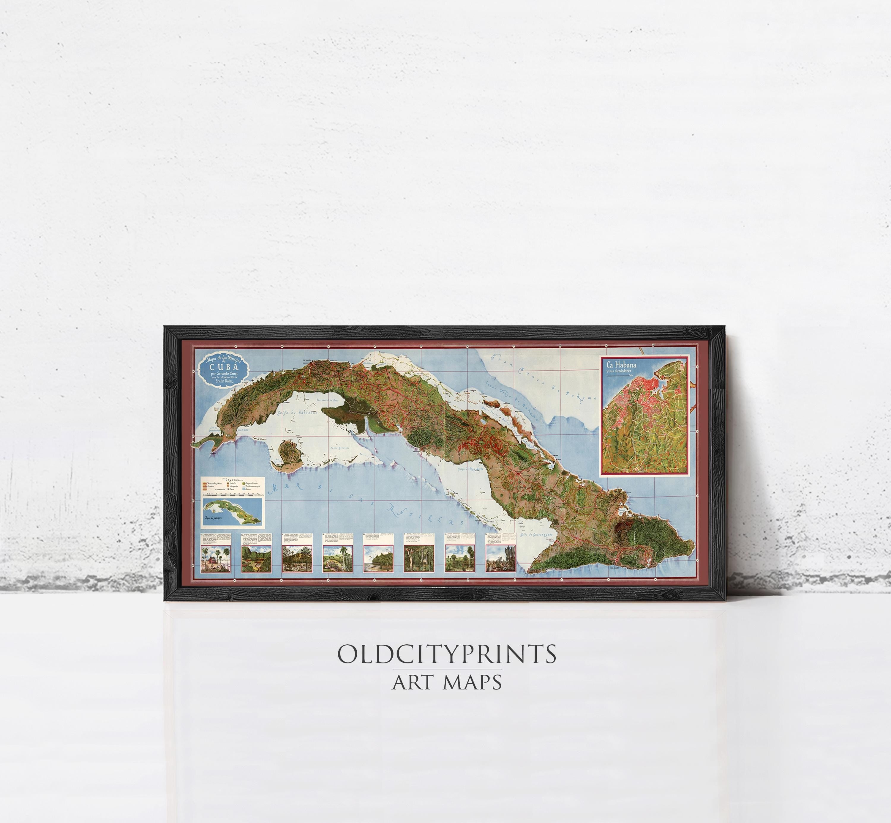 The image is a framed art map of the Caribbean region, specifically Cuba, with various islands and coastlines depicted.