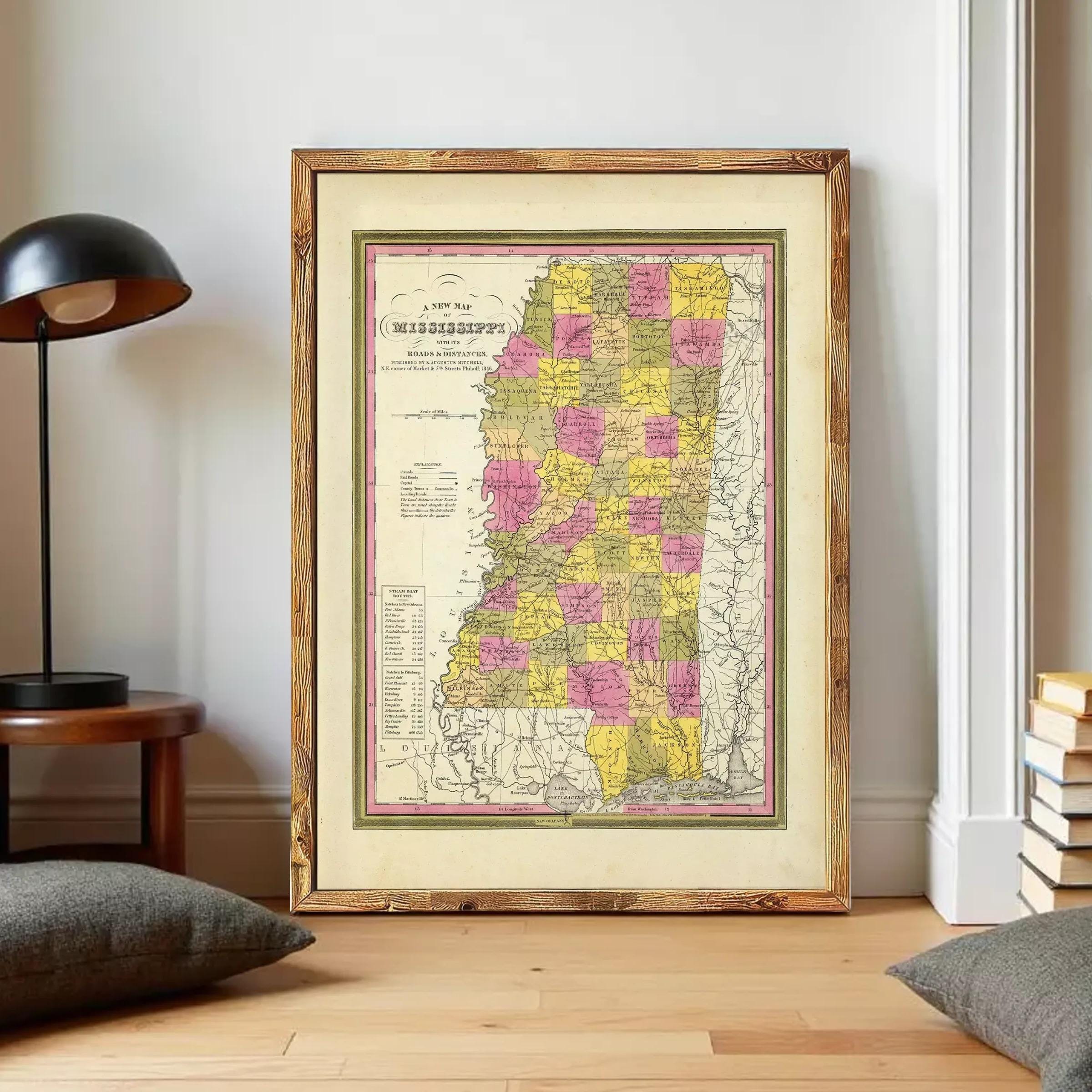 A framed map of the state of Mississippi, with the state's borders clearly marked and labeled.