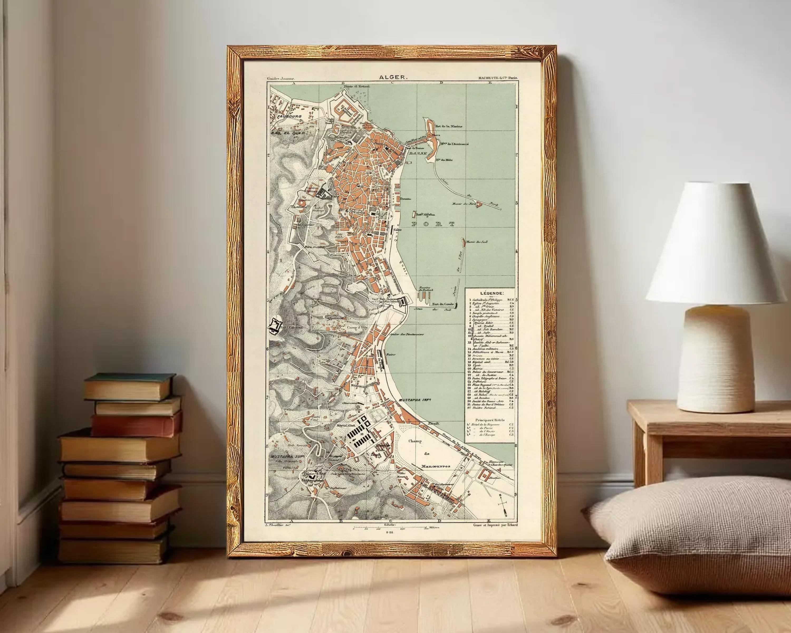 The image is a framed vintage map of a coastal city, likely from the 19th century.