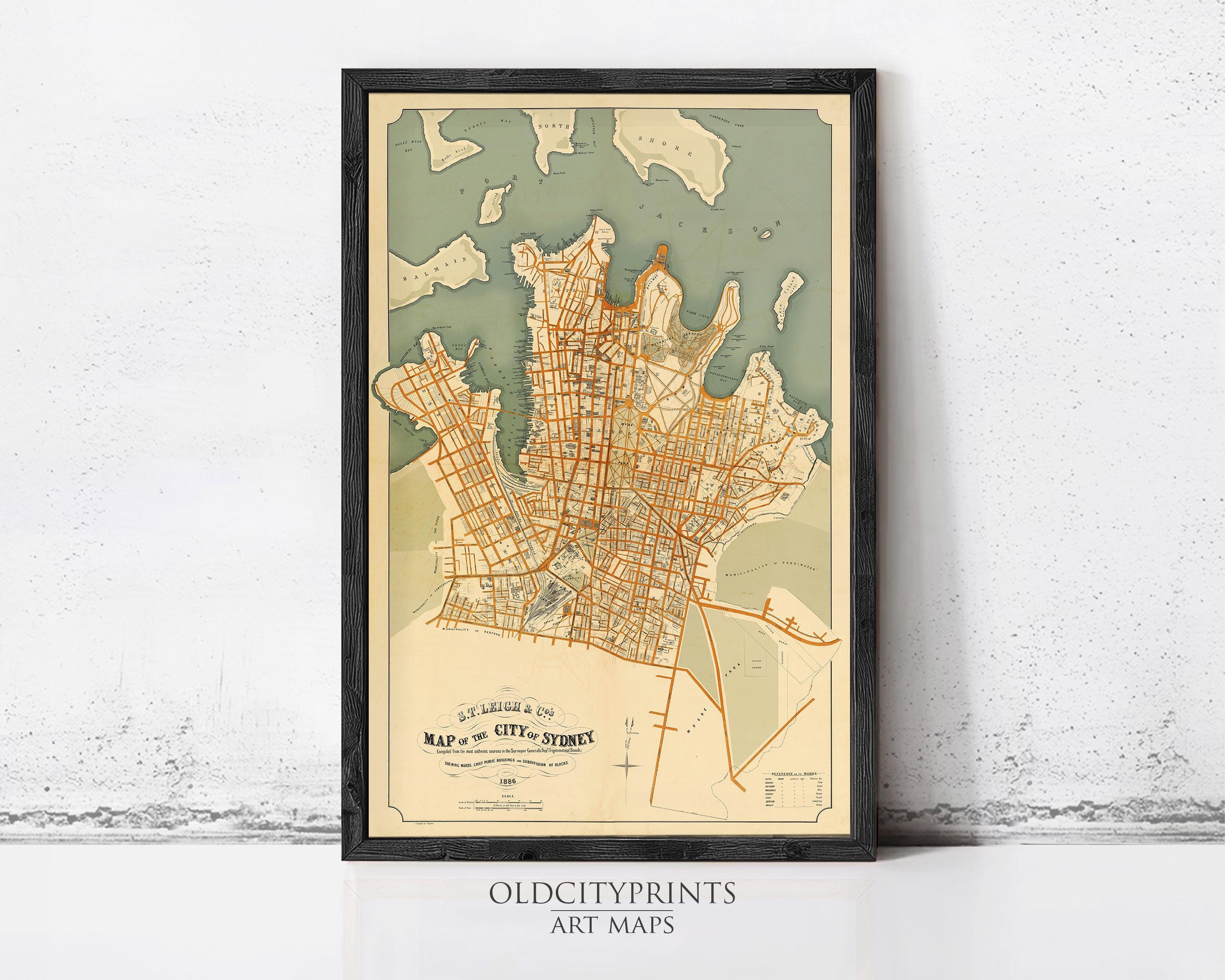 The image is a framed vintage map of Sydney, Australia, depicting the city's streets and surrounding areas.