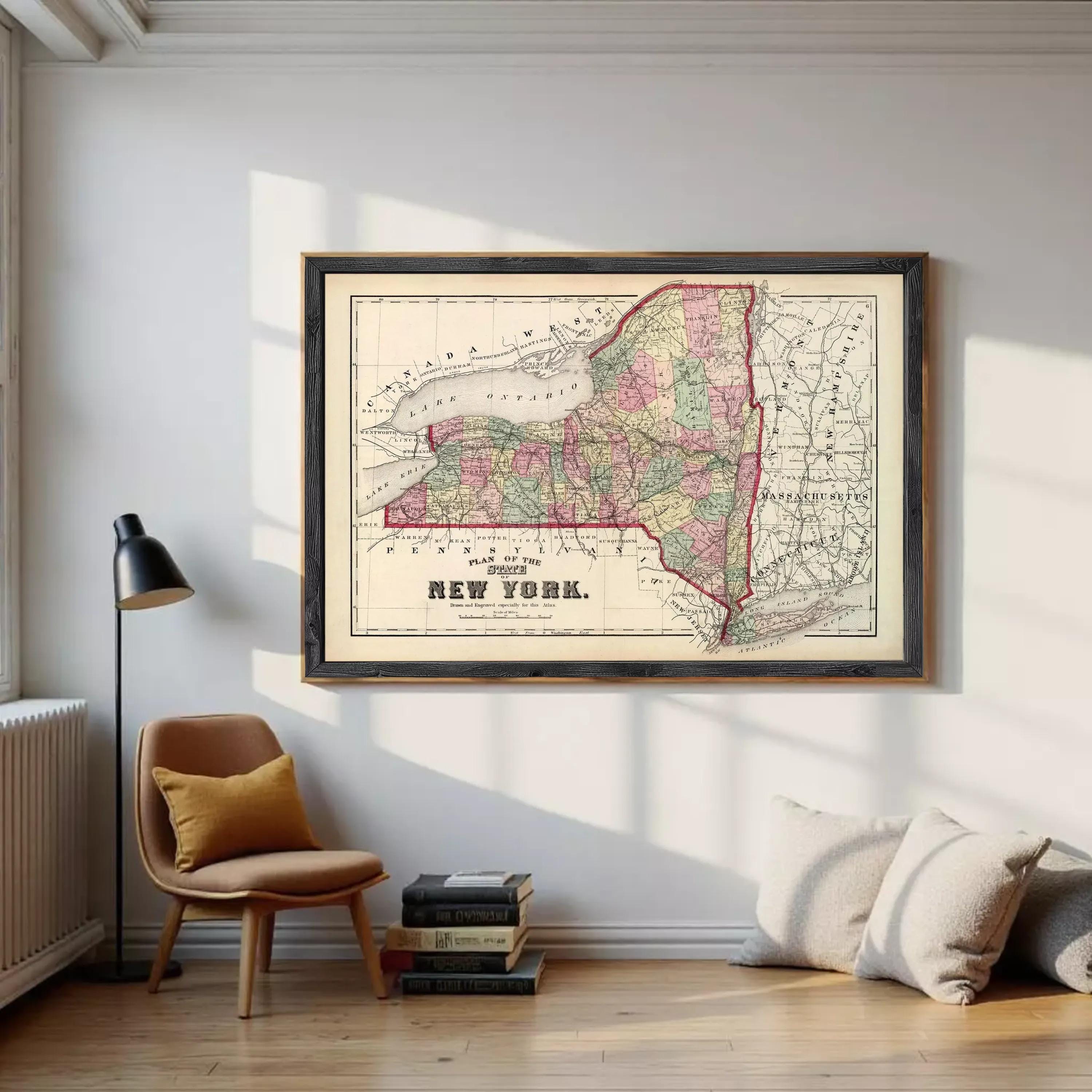 A framed map of New York State, depicting the state's geographical layout and surrounding areas.
