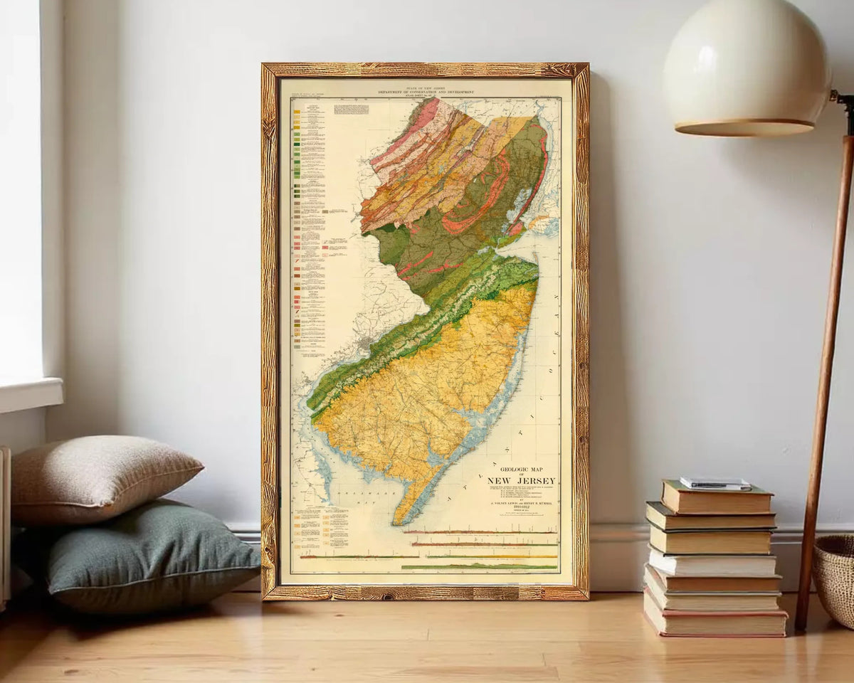 The image is a framed geological map of New Jersey, depicting the state's geographical features and boundaries.