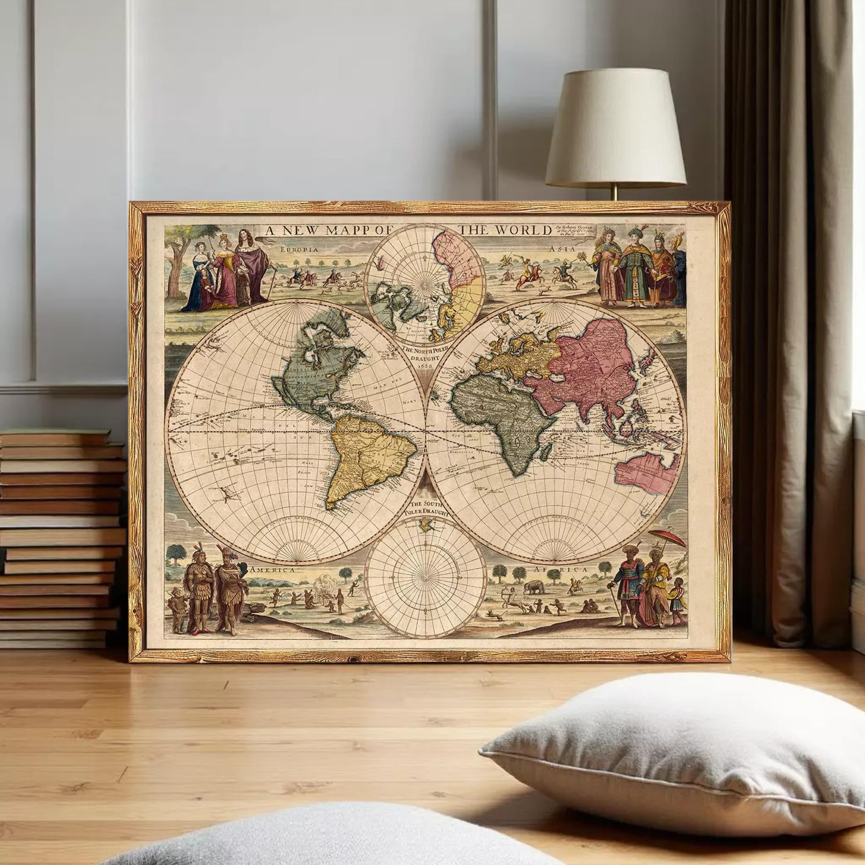 The image is a framed vintage map of the world, depicting a detailed and colorful representation of the continents and oceans.