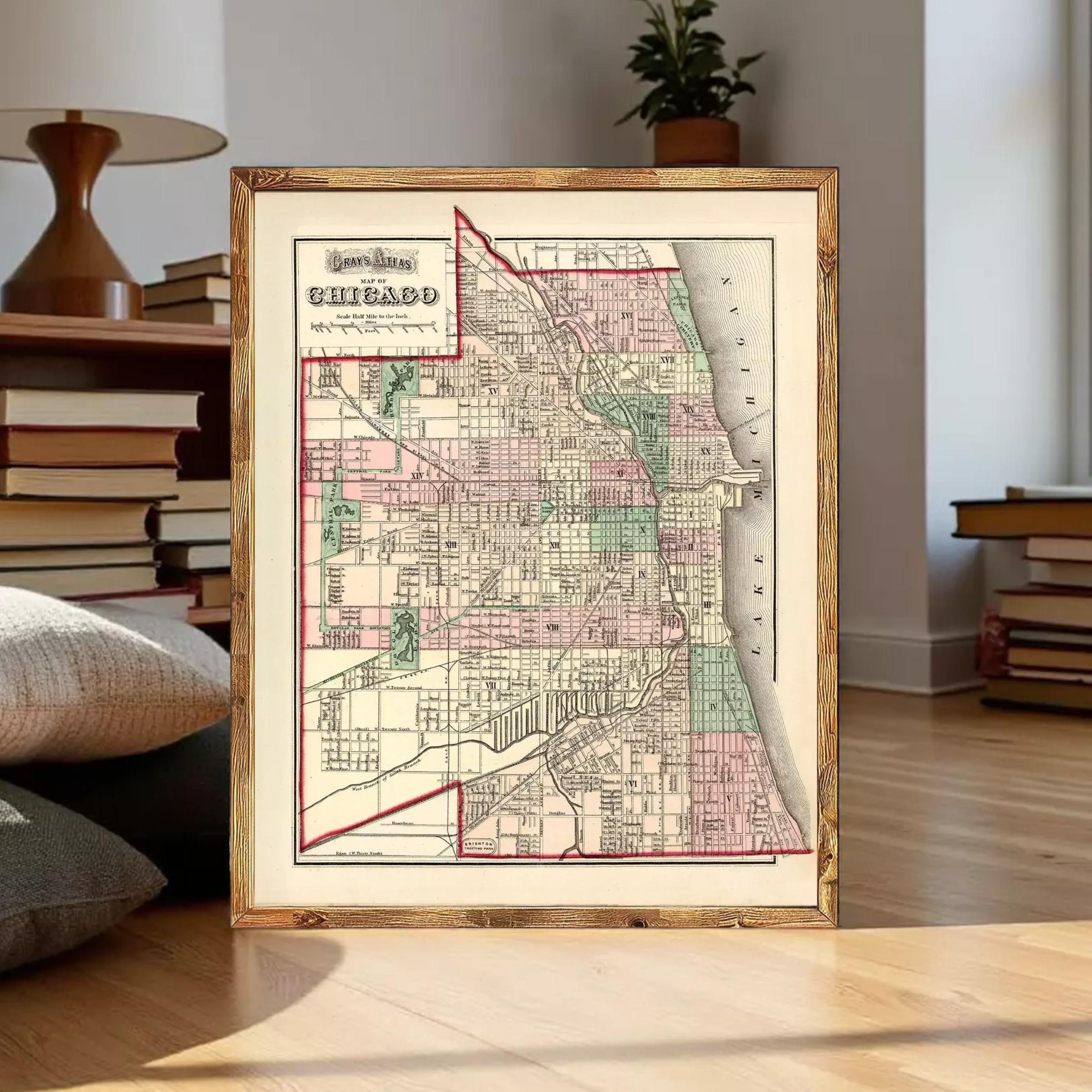 The image is a framed vintage map of Chicago, Illinois, USA.