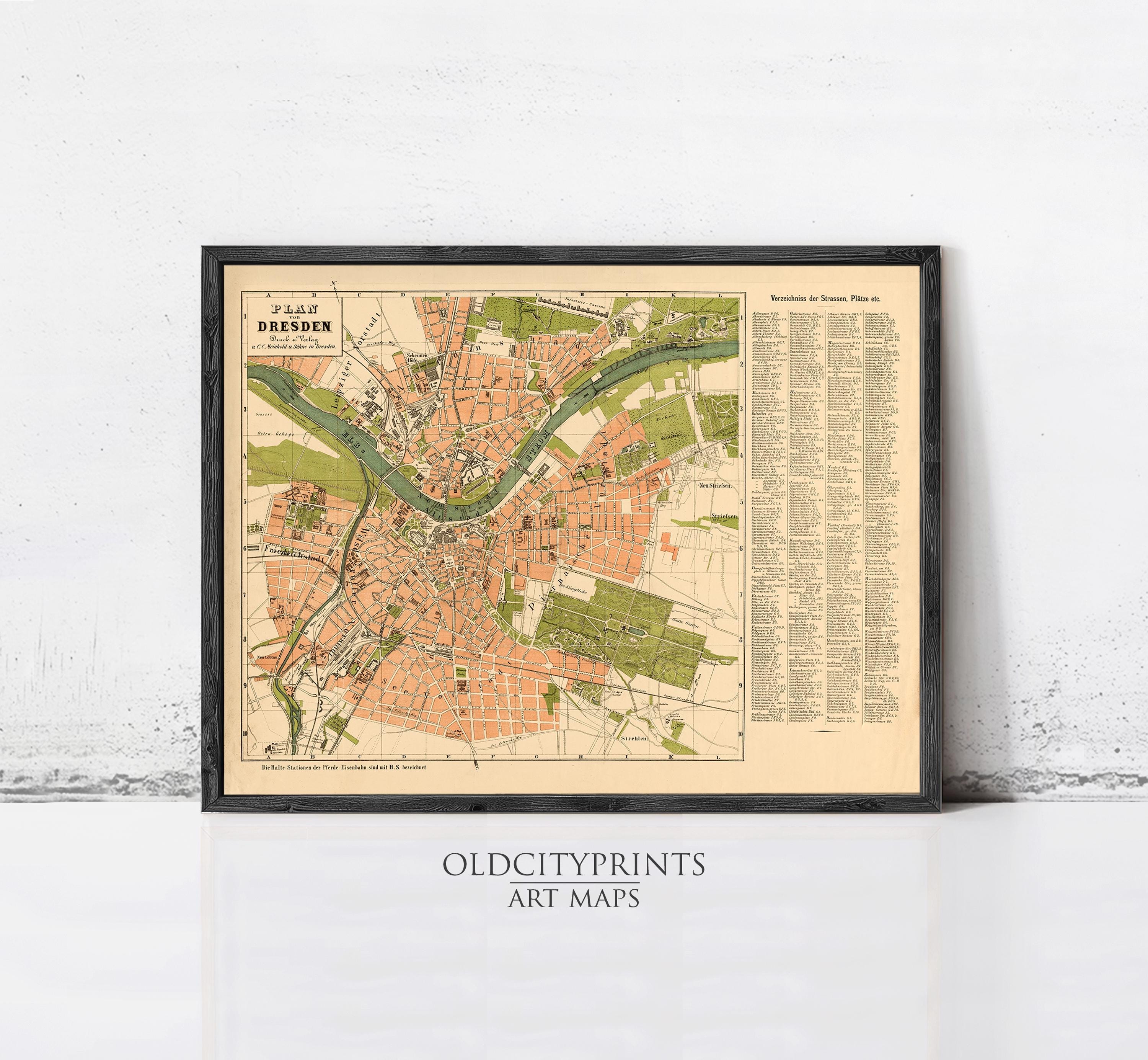 The image is a framed vintage map of Dresden, Germany, depicting the city's layout and surrounding areas.