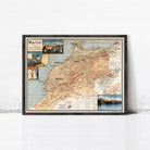 The image is a framed vintage map of Morocco, depicting various landmarks and regions within the country.