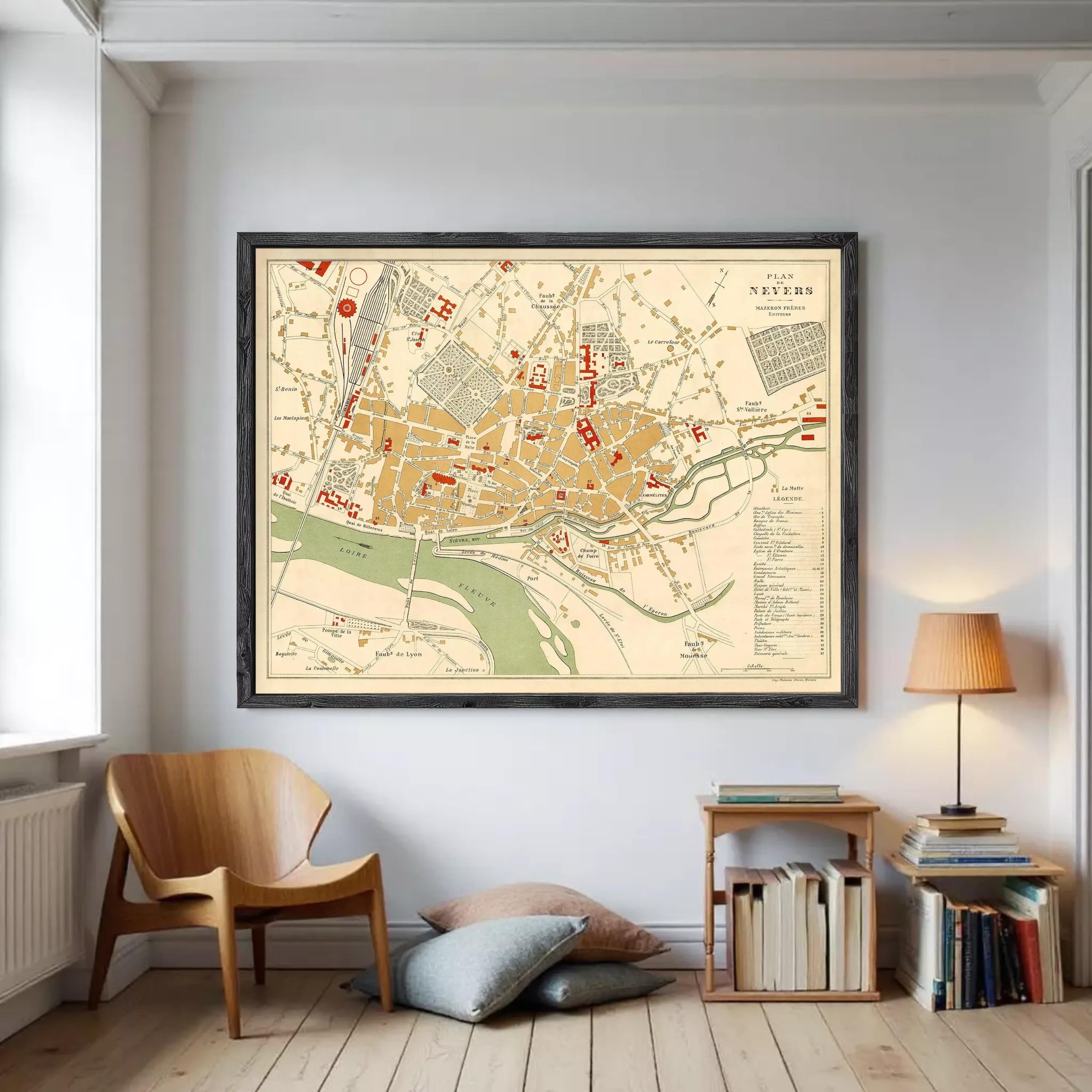 The image is a framed vintage map of a city, likely from the 19th century, depicting the layout and streets of the area.