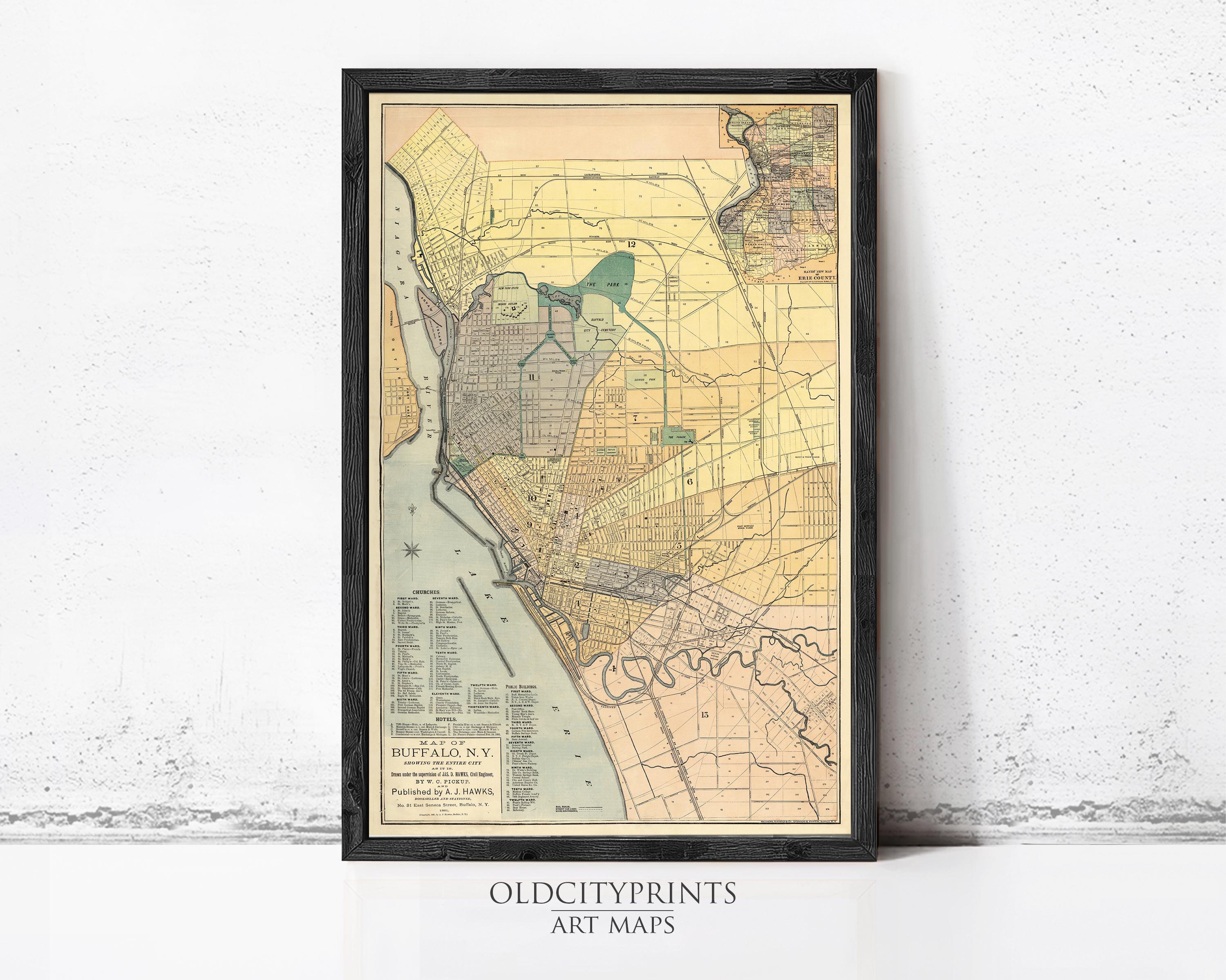 The image is a framed vintage map of Buffalo, New York, depicting the city's layout and surrounding areas.