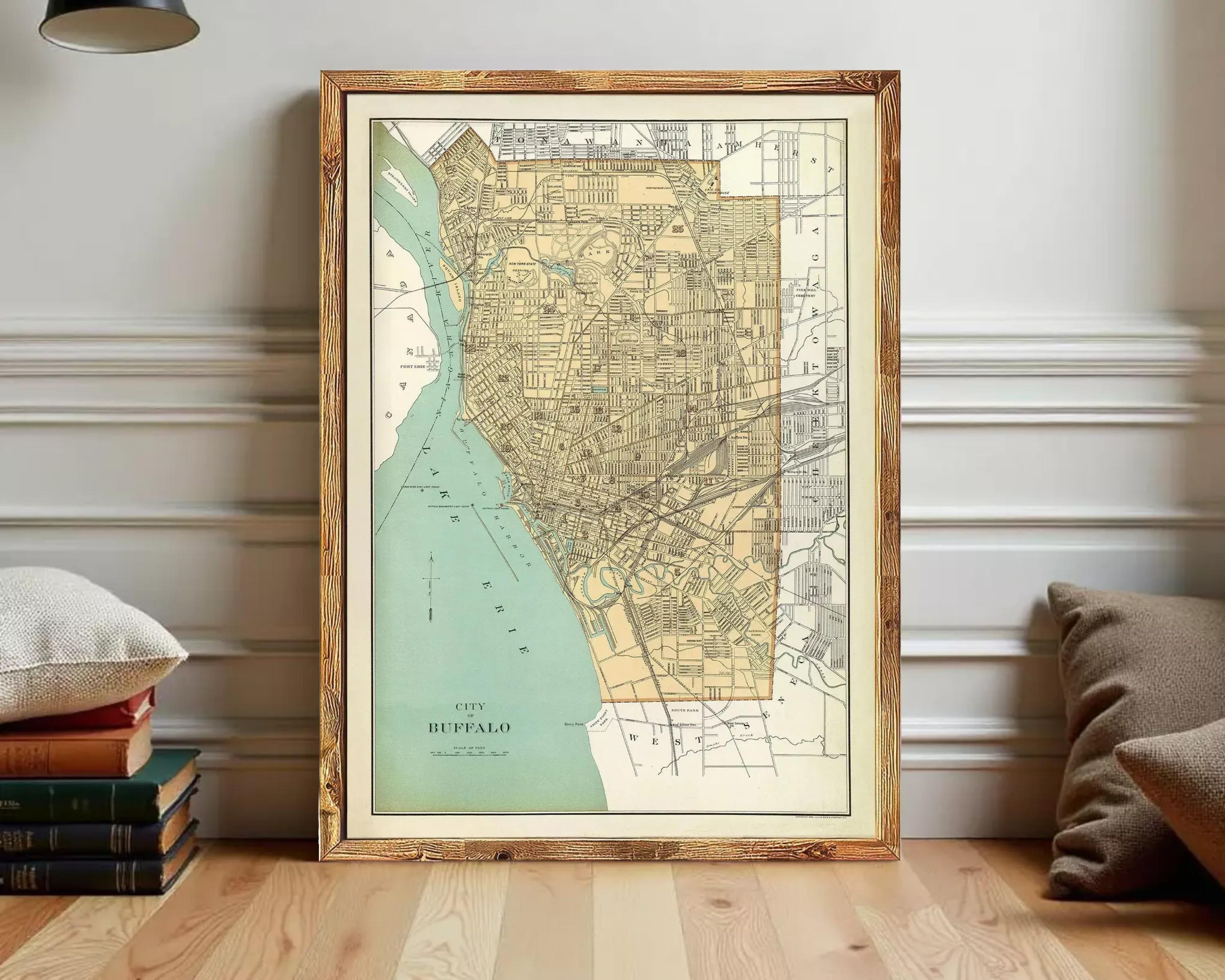 The image is a framed vintage map of Buffalo, New York, depicting the city's layout and surrounding areas.