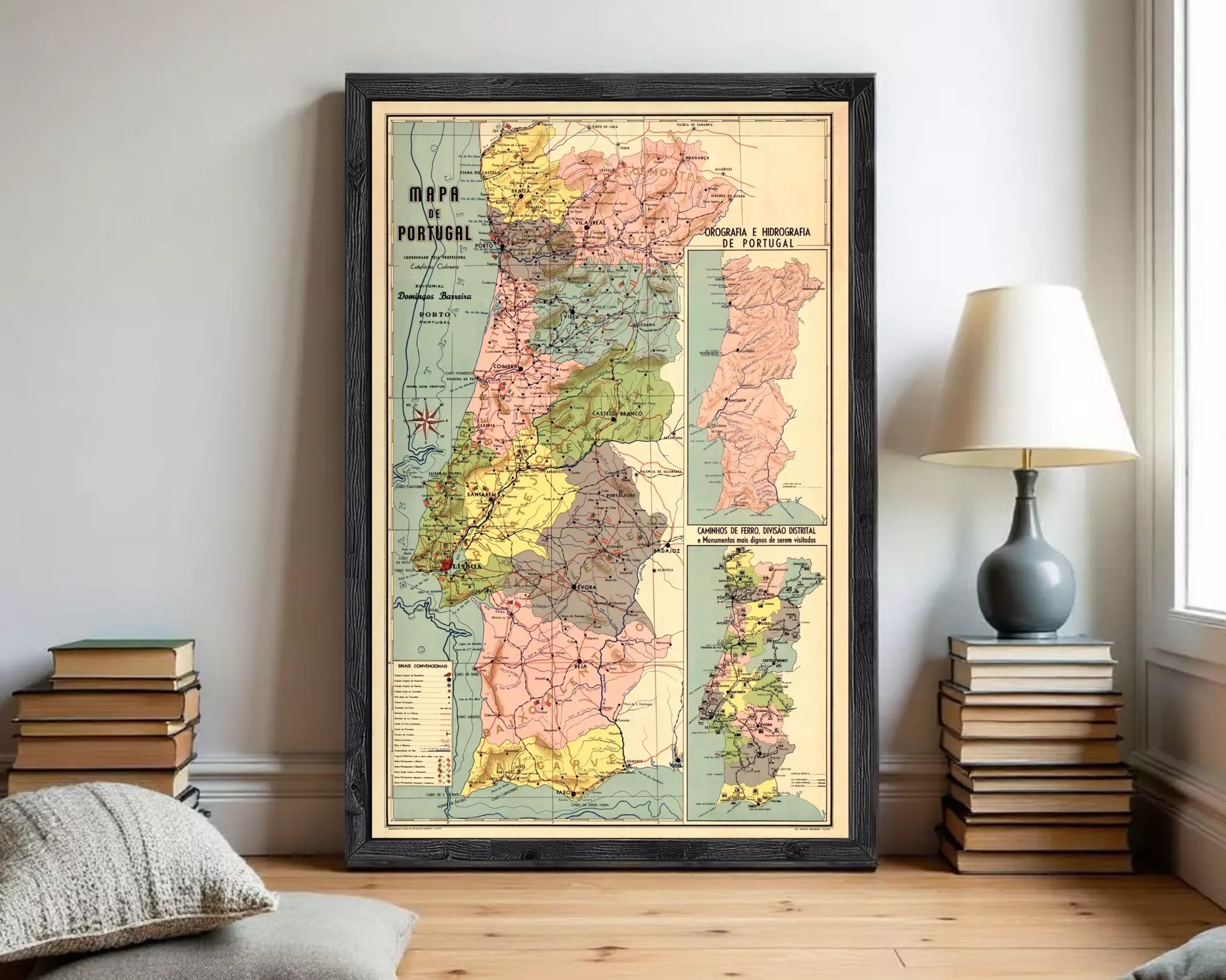 The image is a framed vintage map of Portugal, showing the country's geographical layout and boundaries.