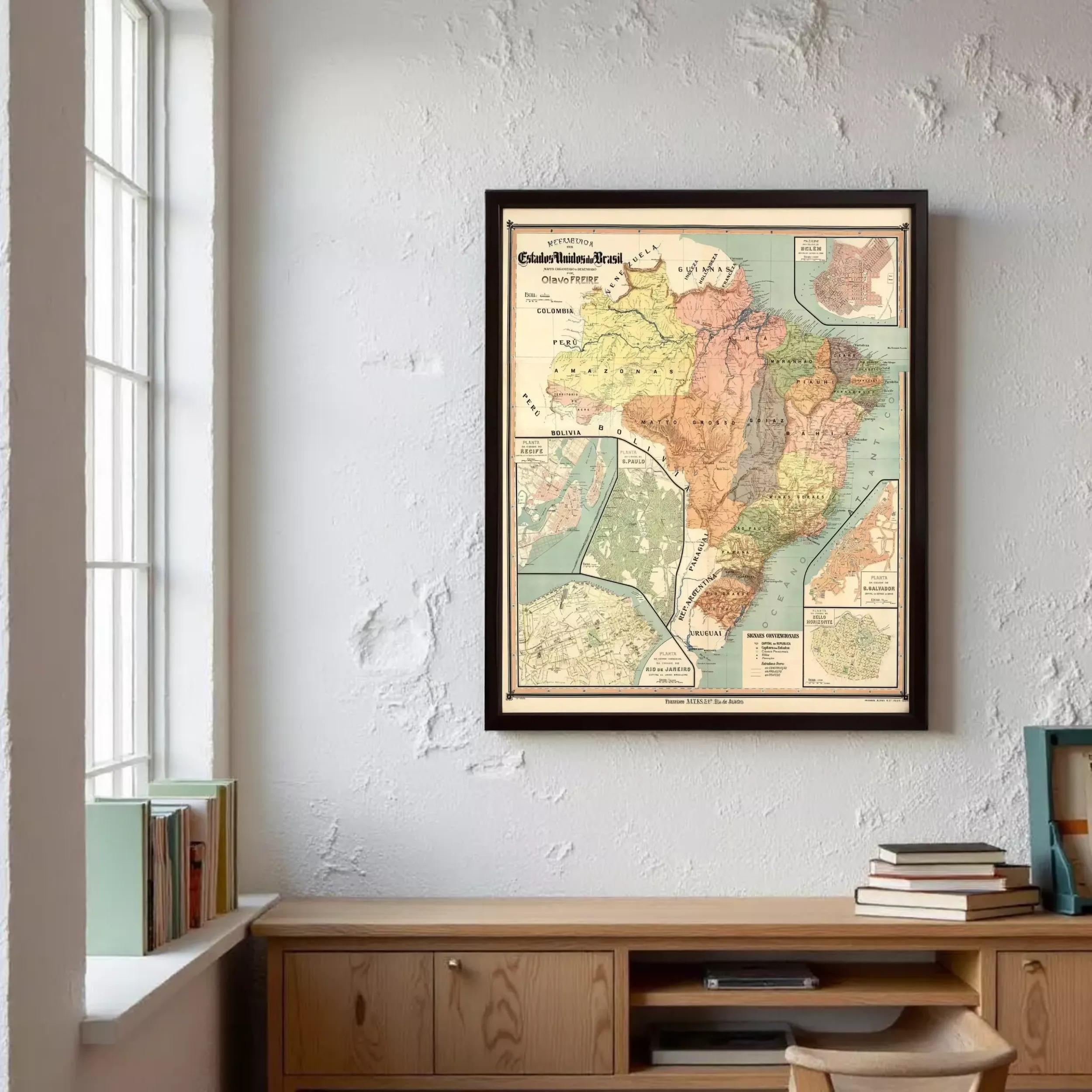 The image is a framed vintage map of Brazil, showing the country's geographical layout and surrounding areas.