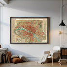 The image is a framed vintage map of Paris, France, depicting the city's streets and landmarks.