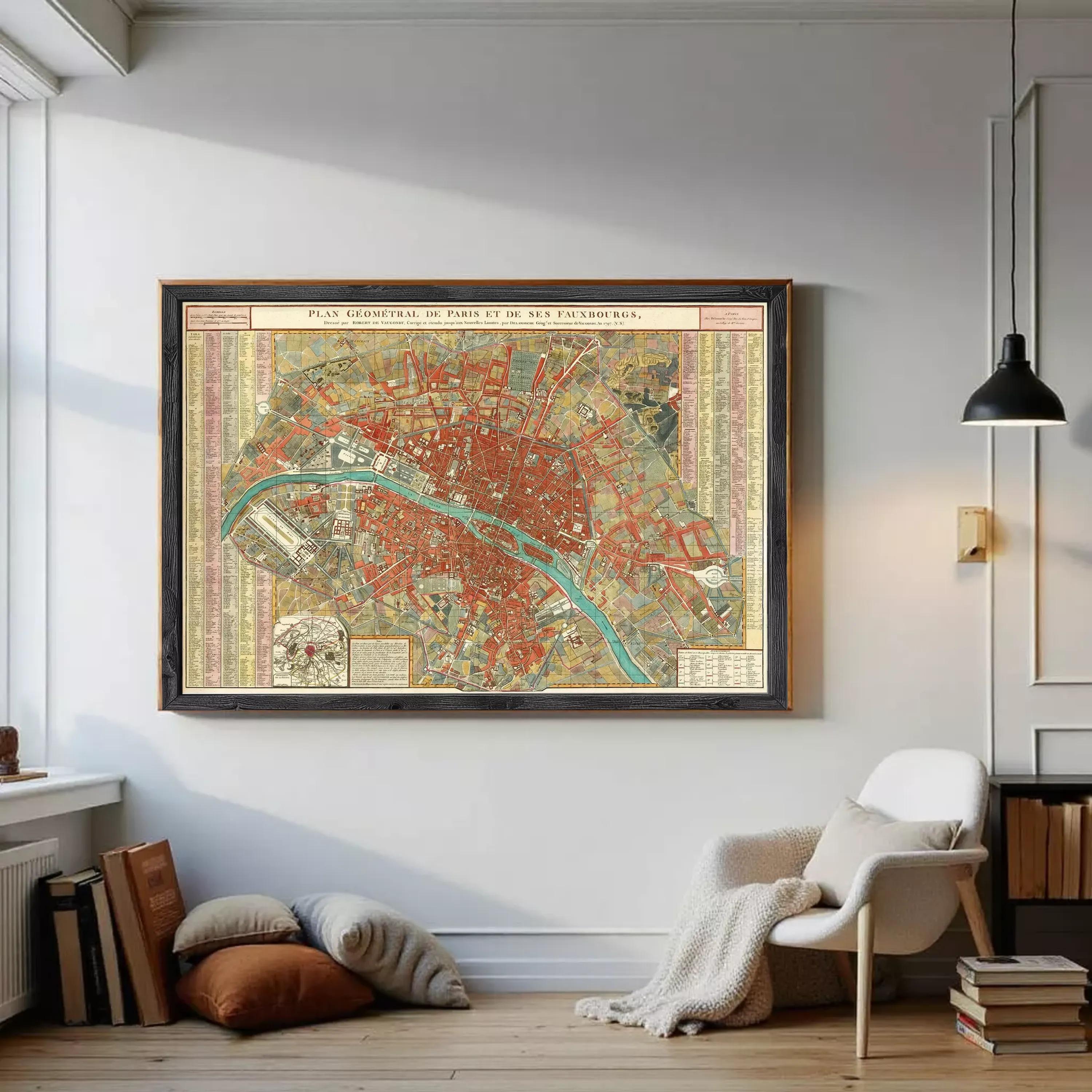 The image is a framed vintage map of Paris, France, depicting the city's streets and landmarks.