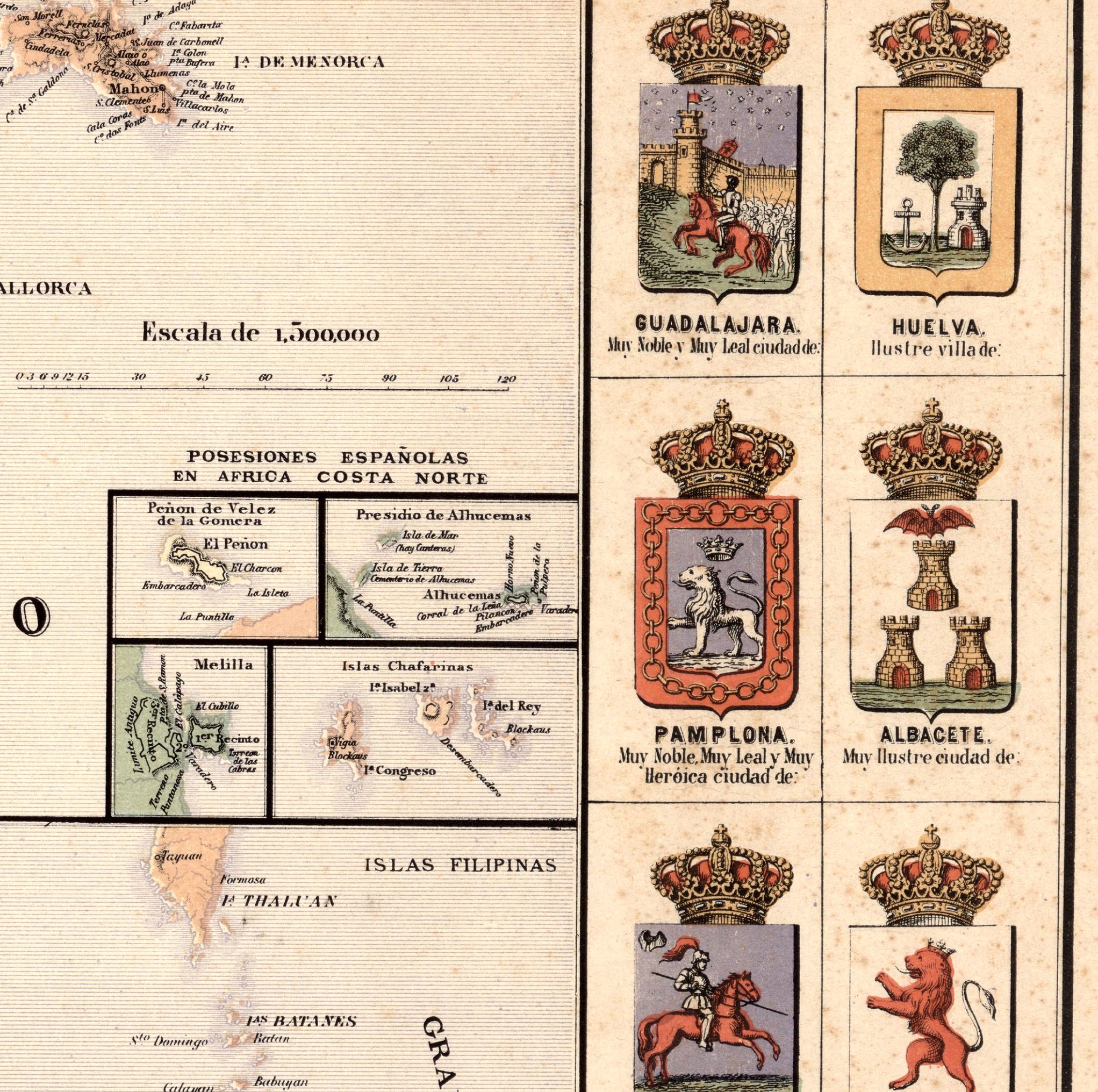 The image is a detailed map of the Spanish Empire, showing various regions, landmarks, and symbols.