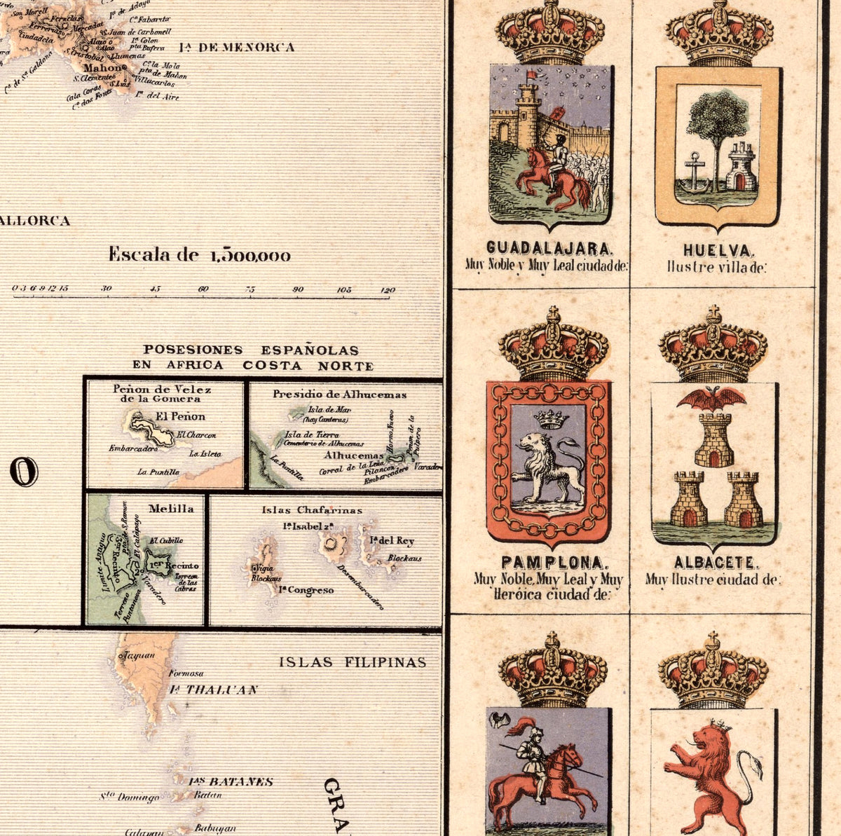 The image is a detailed map of the Spanish Empire, showing various regions, landmarks, and symbols.