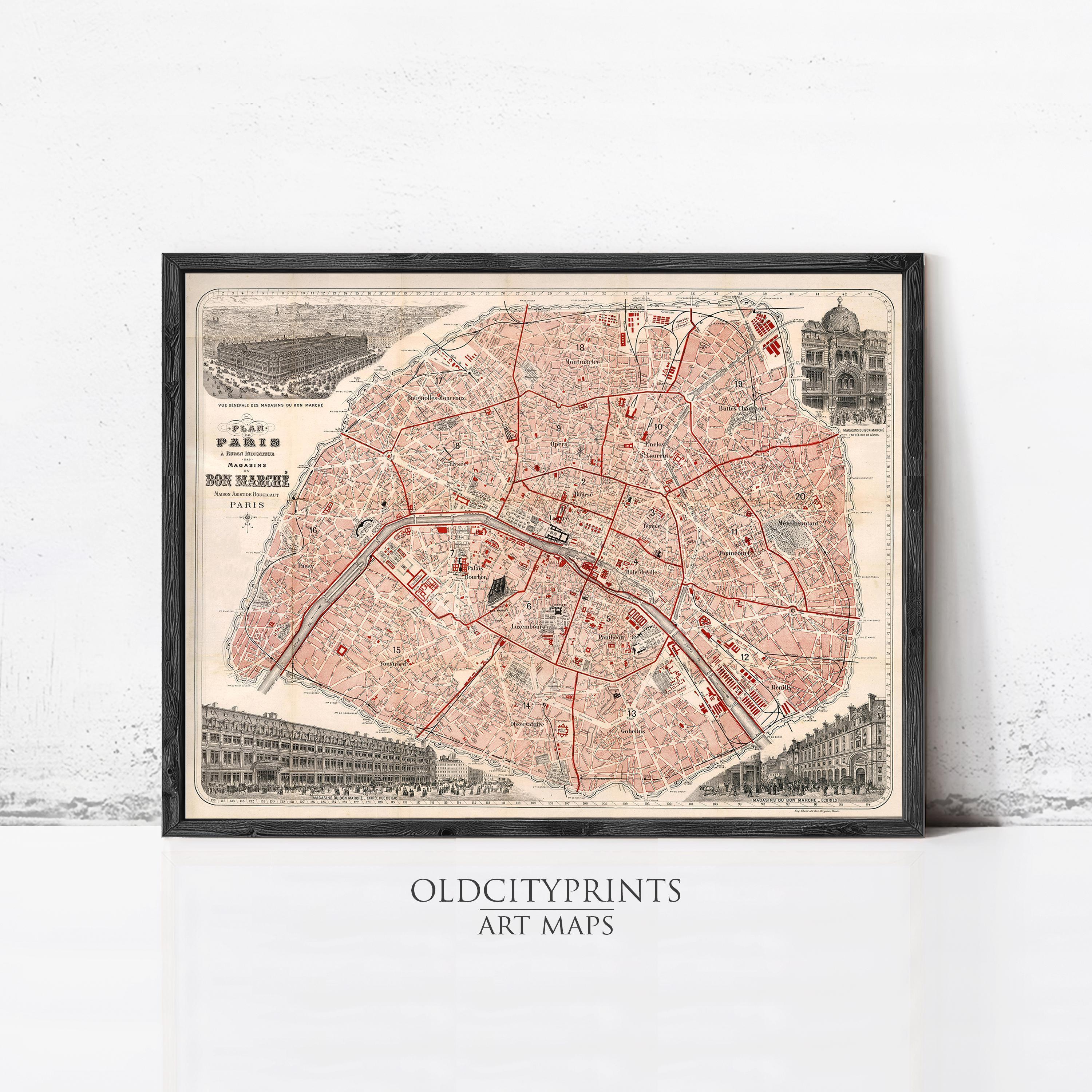 The image is a framed vintage map of Paris, France, depicting the city's streets and landmarks.
