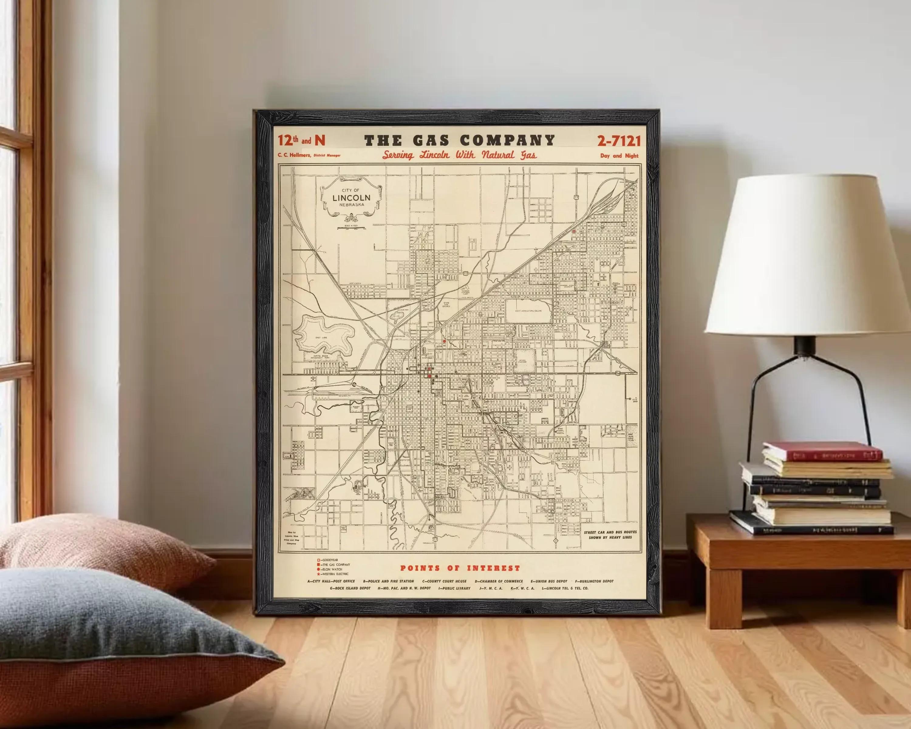 The image is a framed vintage map of the city of Lincoln, Nebraska, showing the layout of the city and surrounding areas.