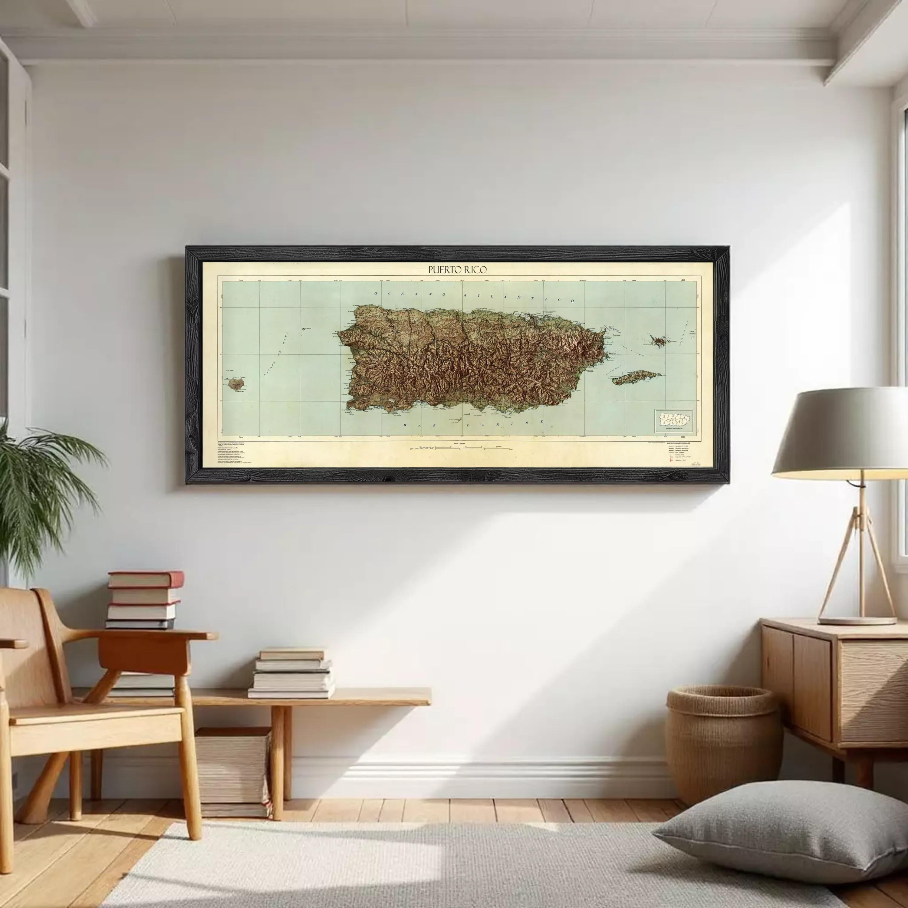 The image is a framed map of Puerto Rico, showing the island's geographical layout and surrounding areas.
