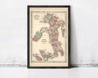 A framed vintage map of Italy, depicting the country in a detailed and colorful manner.