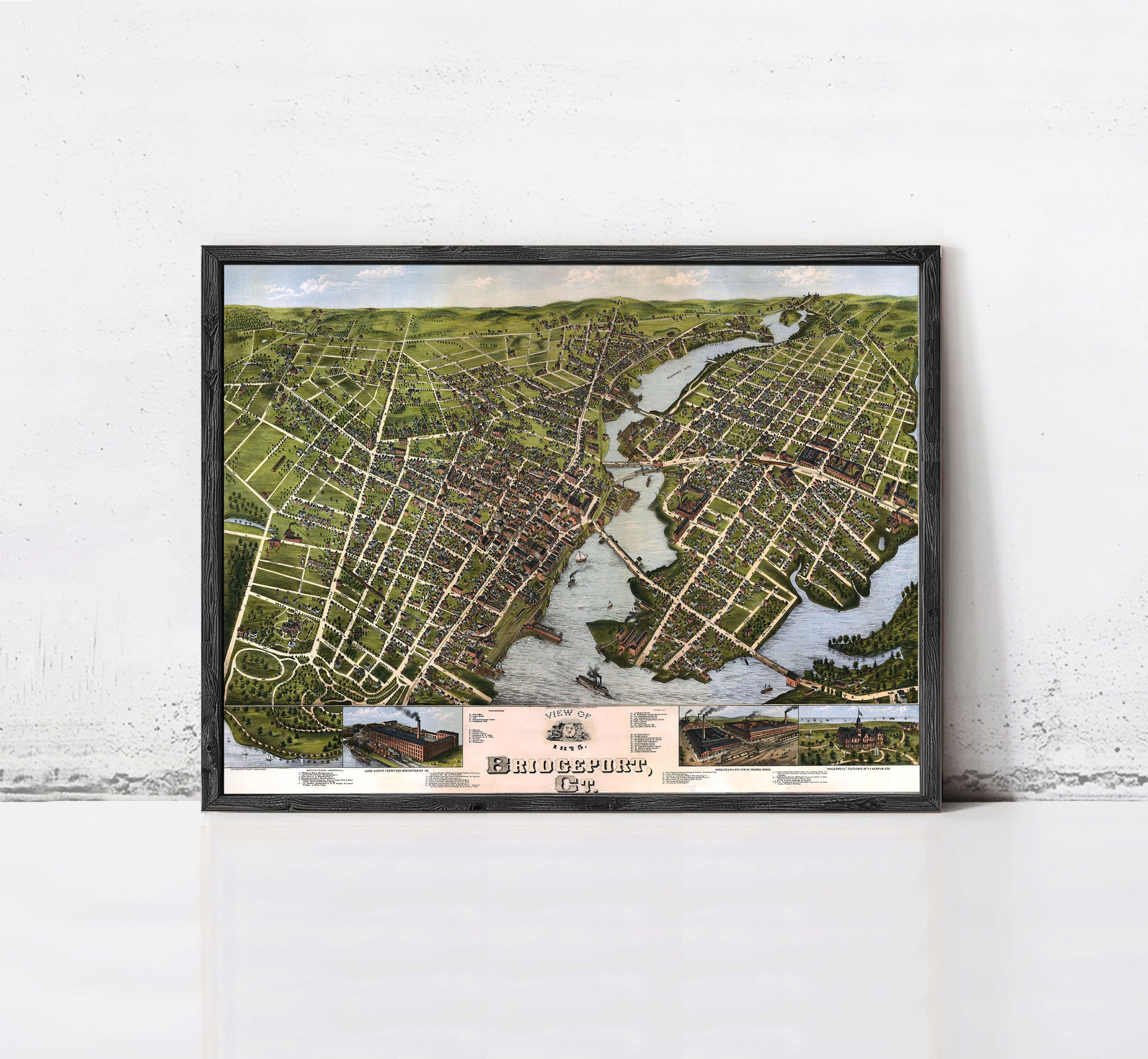 The image is a framed map of Bridgeport, Connecticut, depicting the city's layout and surrounding areas.