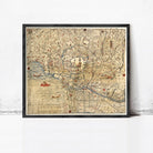 The image is a framed vintage map of Tokyo, Japan, depicting various landmarks and geographical features.