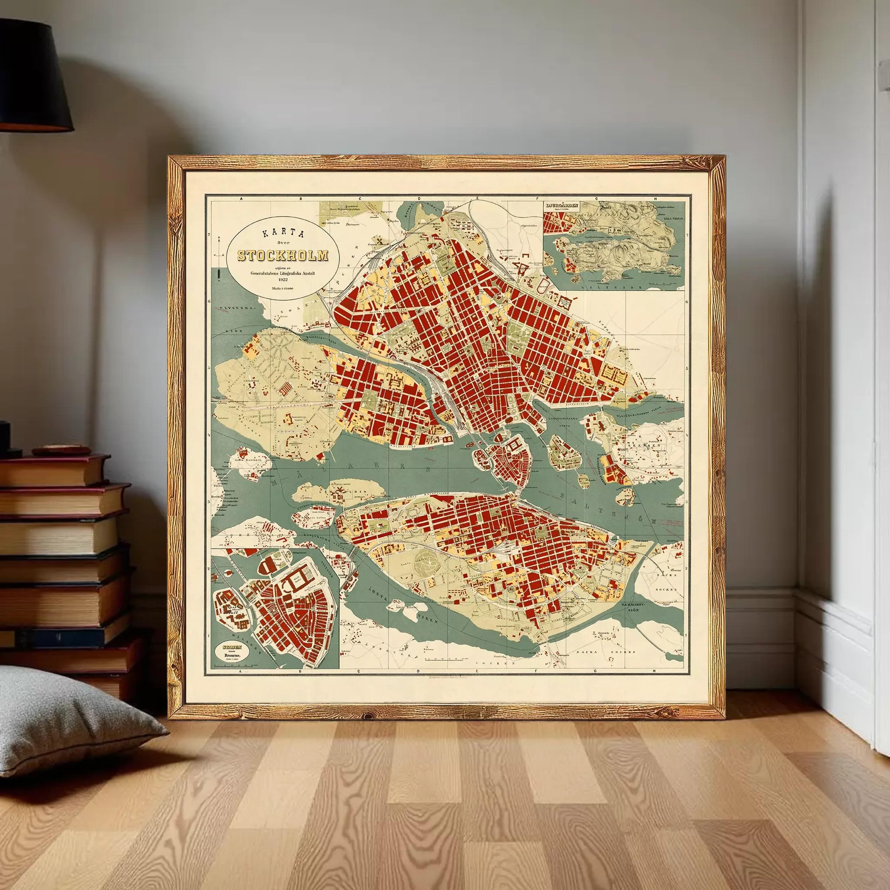 The image is a framed map of Stockholm, Sweden, depicting the city's streets, landmarks, and surrounding areas.