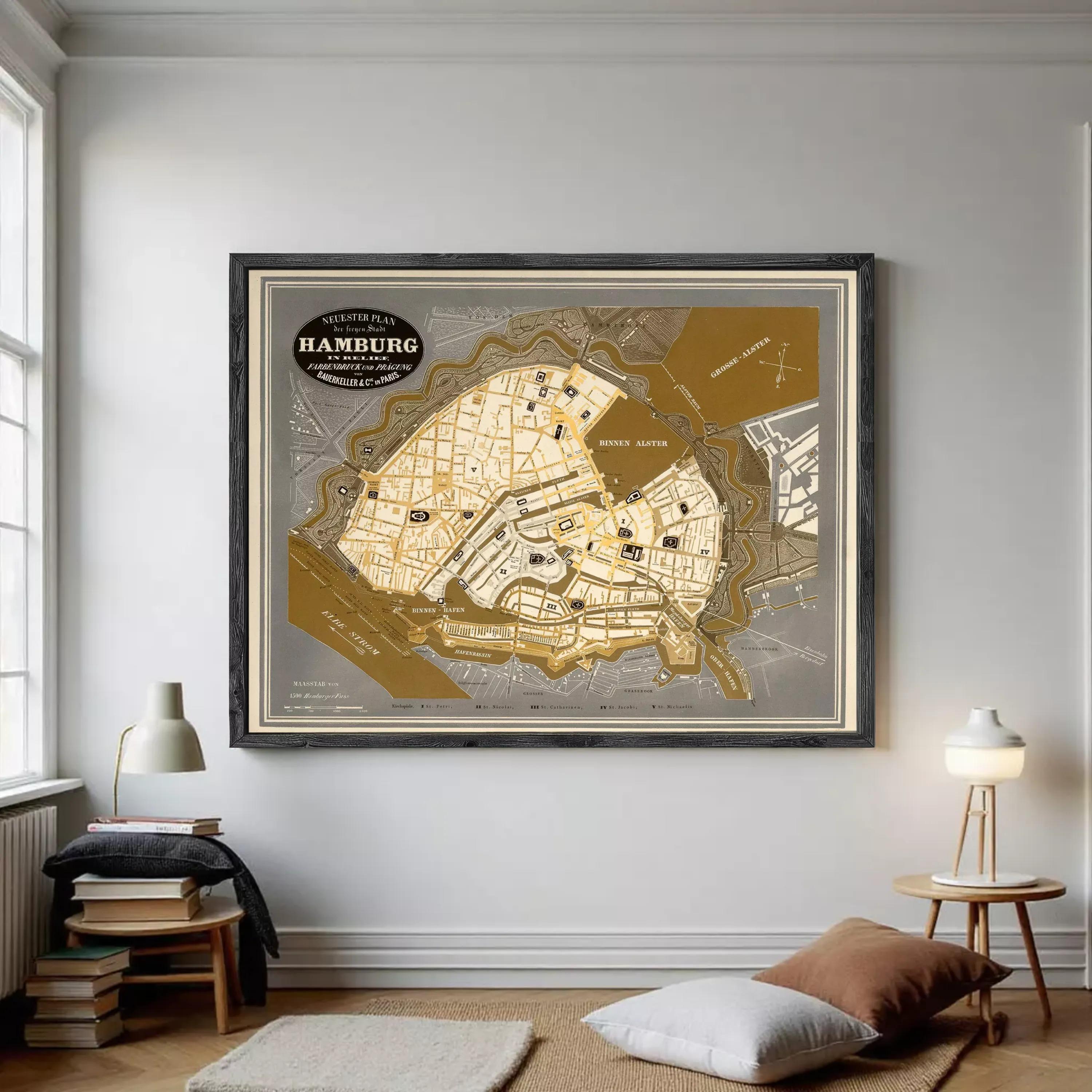 The image is a framed map of Hamburg, Germany, depicting the city's streets, landmarks, and surrounding areas.