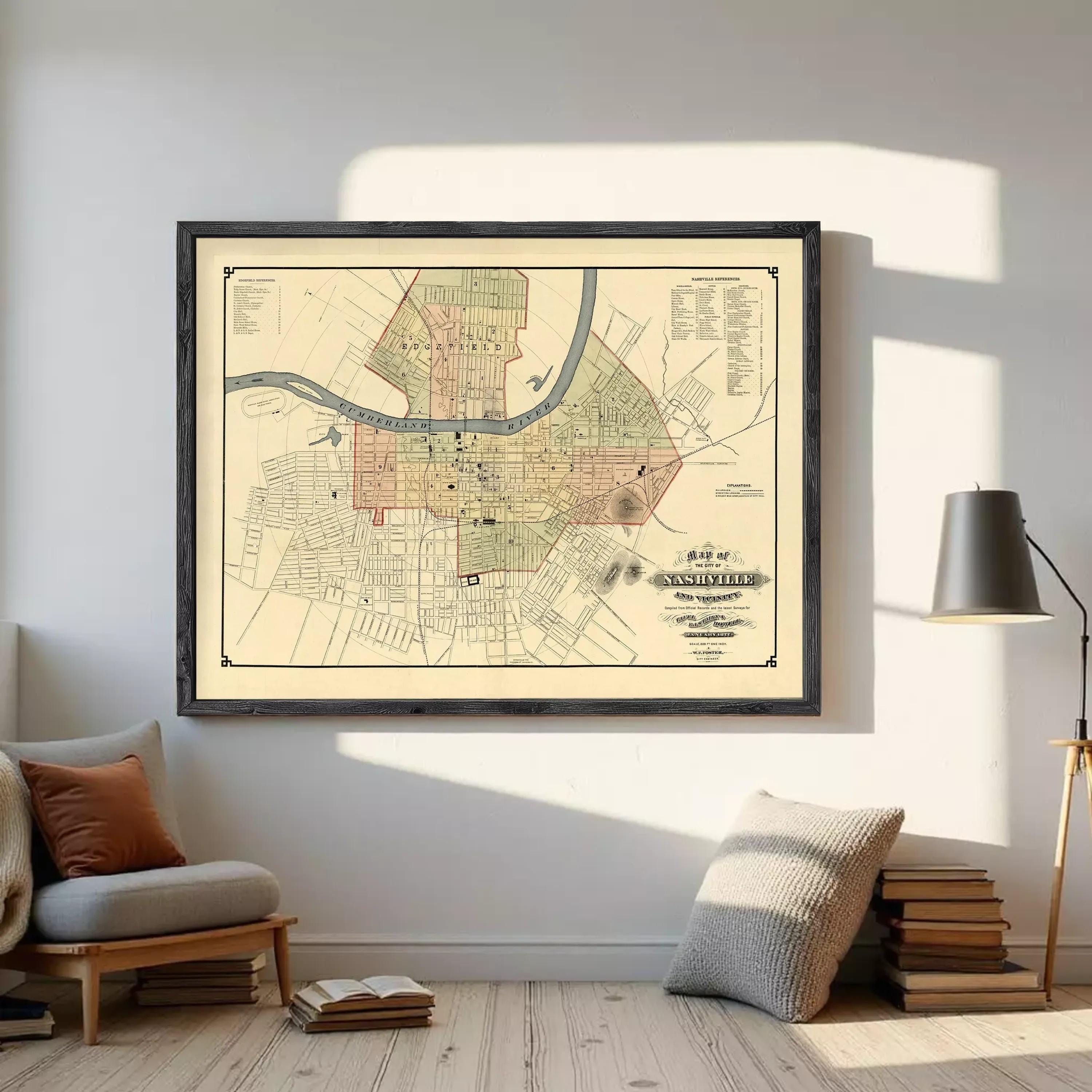 The image is a framed map of Nashville, Tennessee, depicting the city's streets and surrounding areas.