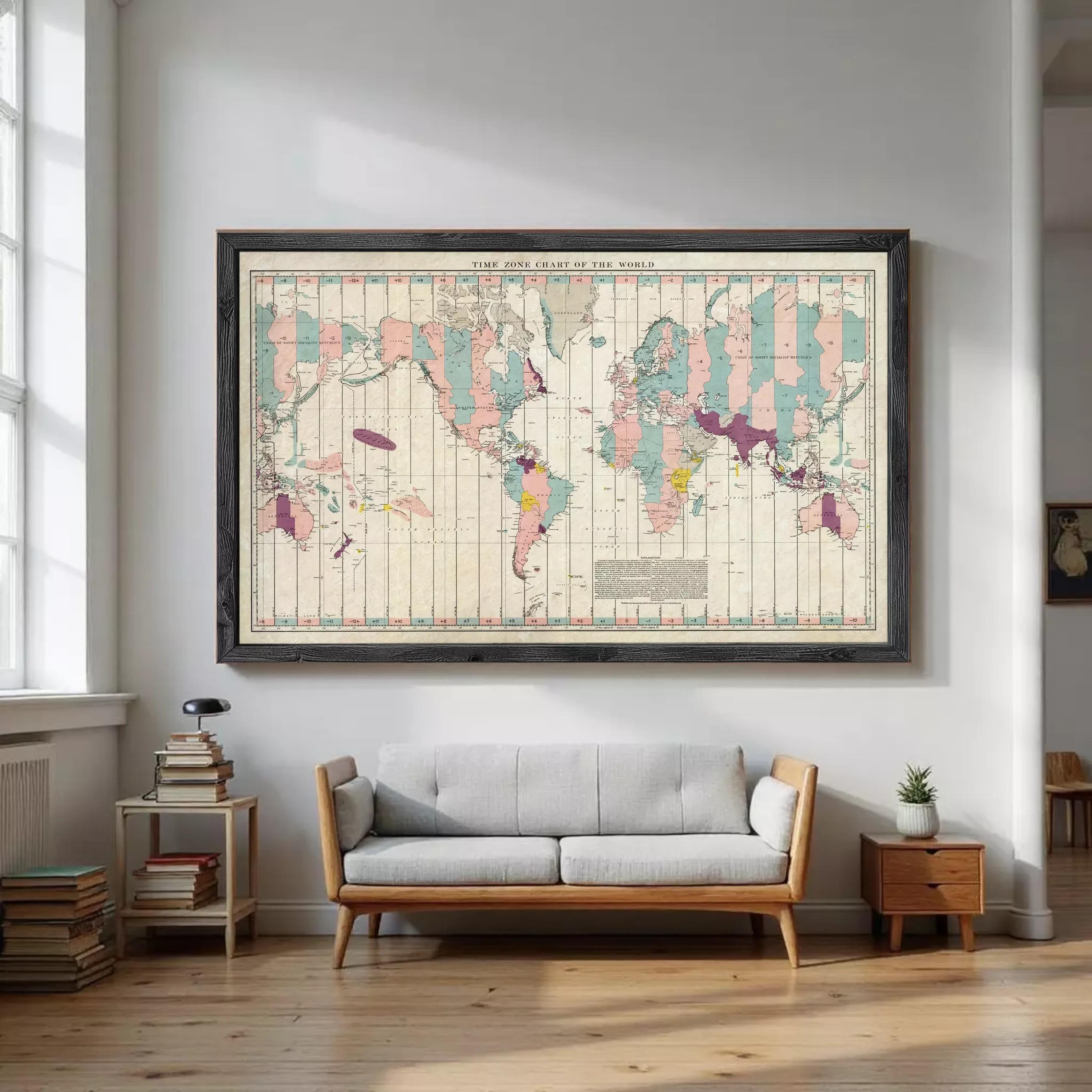 The image is a framed vintage world map with a color palette of pastel shades, including pink, blue, green, and yellow. The map is displayed on a white wall, and the frame has a black border.