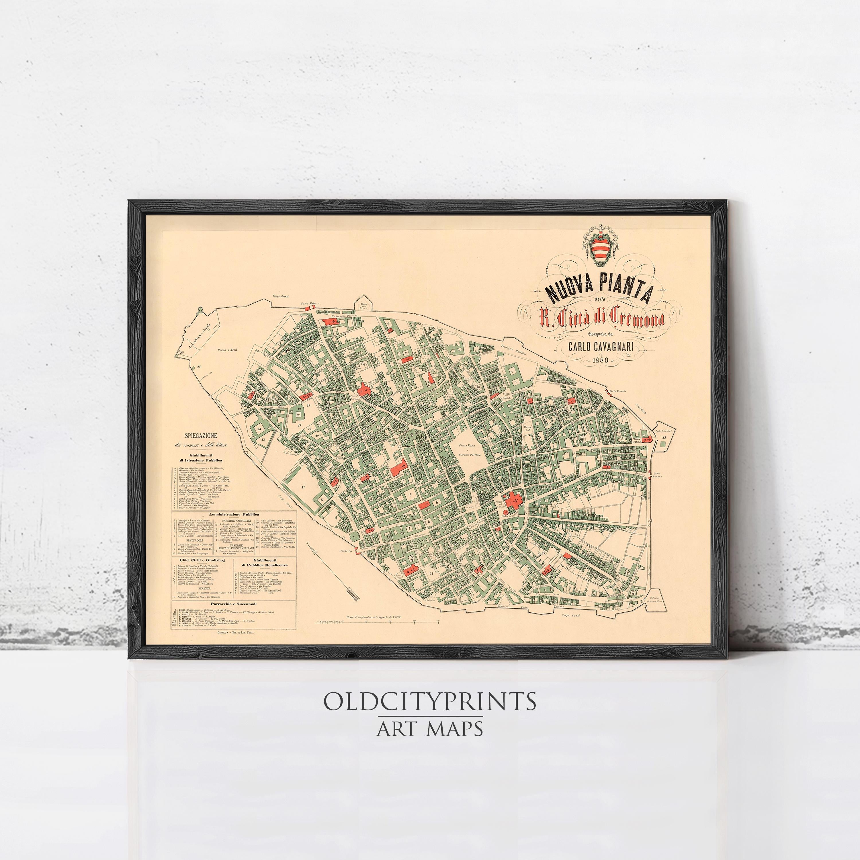 The image is a framed vintage map of a city, likely from the early 20th century, with a focus on the streets and buildings.