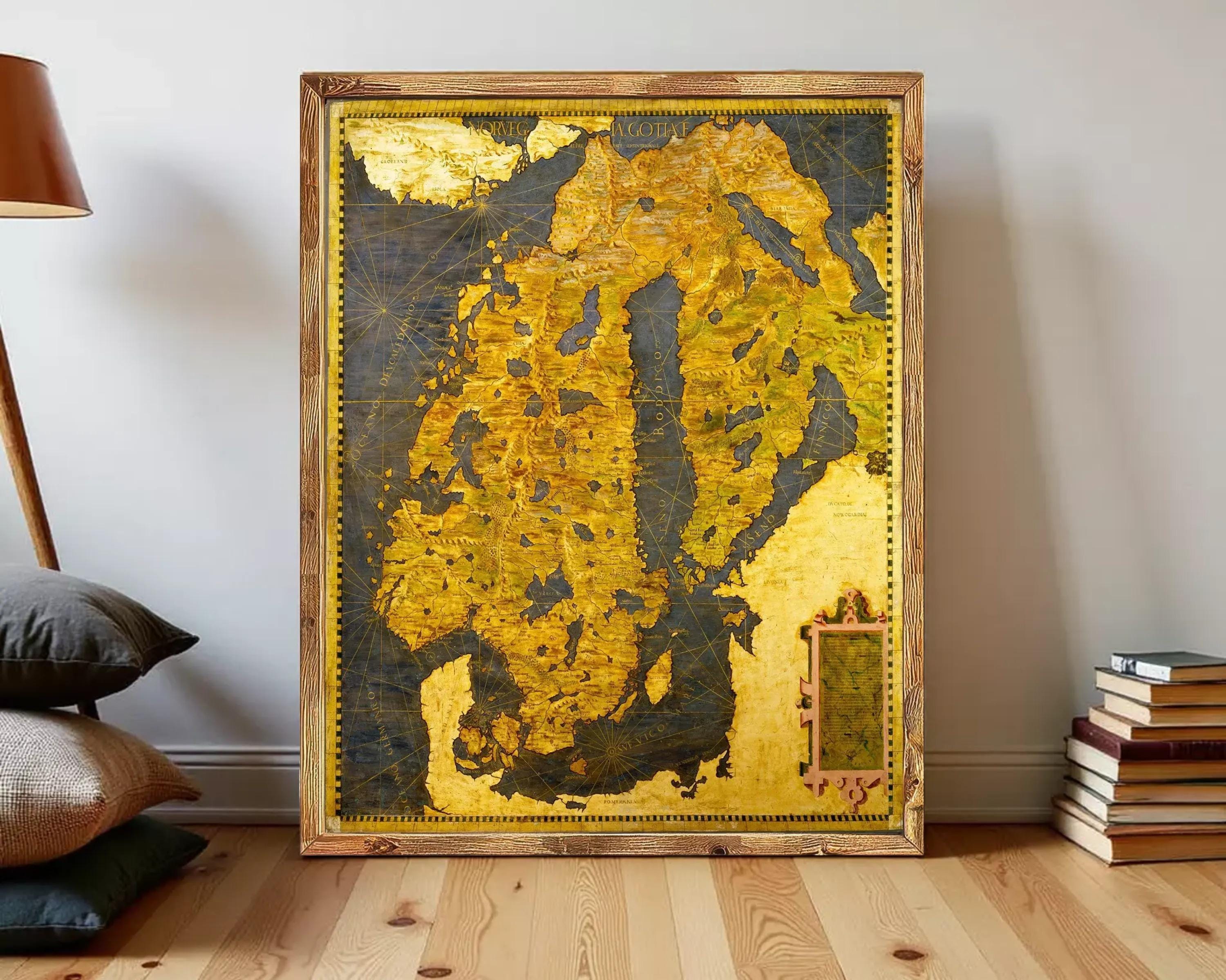 The image is a large, framed map of the world, with a gold and black color scheme.