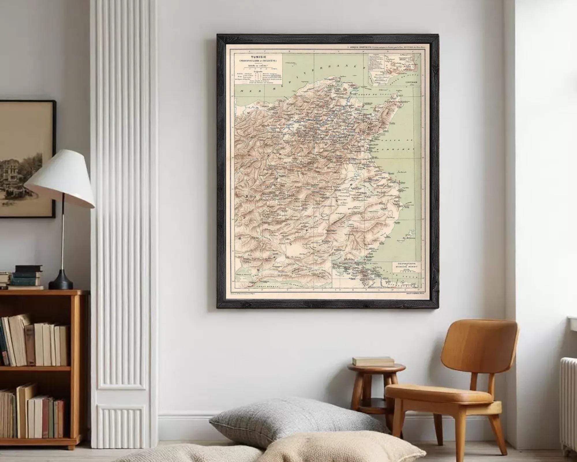 The image is a framed vintage map of the Middle East and North Africa region, depicting various countries and geographical features.