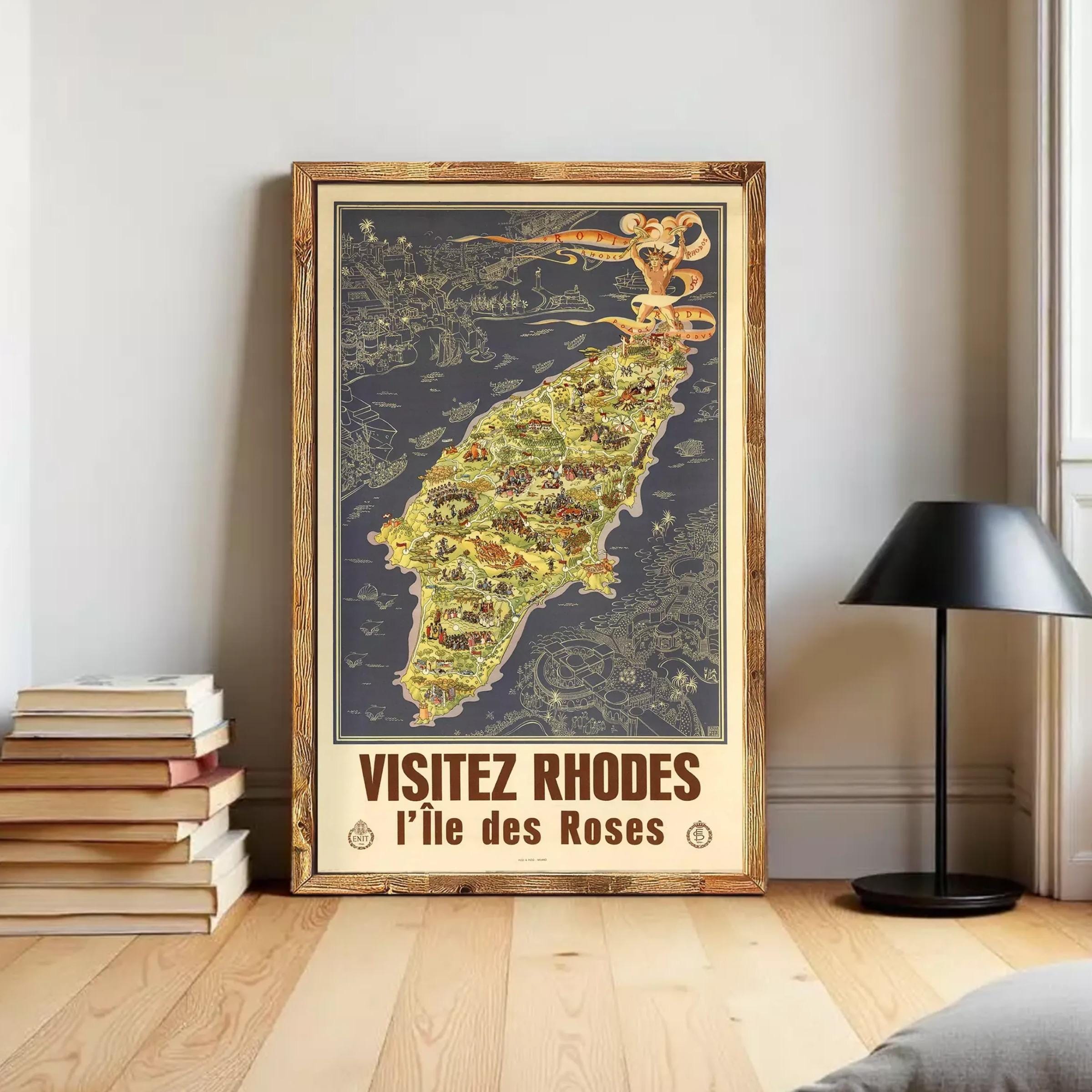 The image is a framed poster depicting a map of Rhodes, Greece, with the text "VISITÉZ RHODES I l'ile des Roses" (Visiting Rhodes, the island of roses) at the bottom.