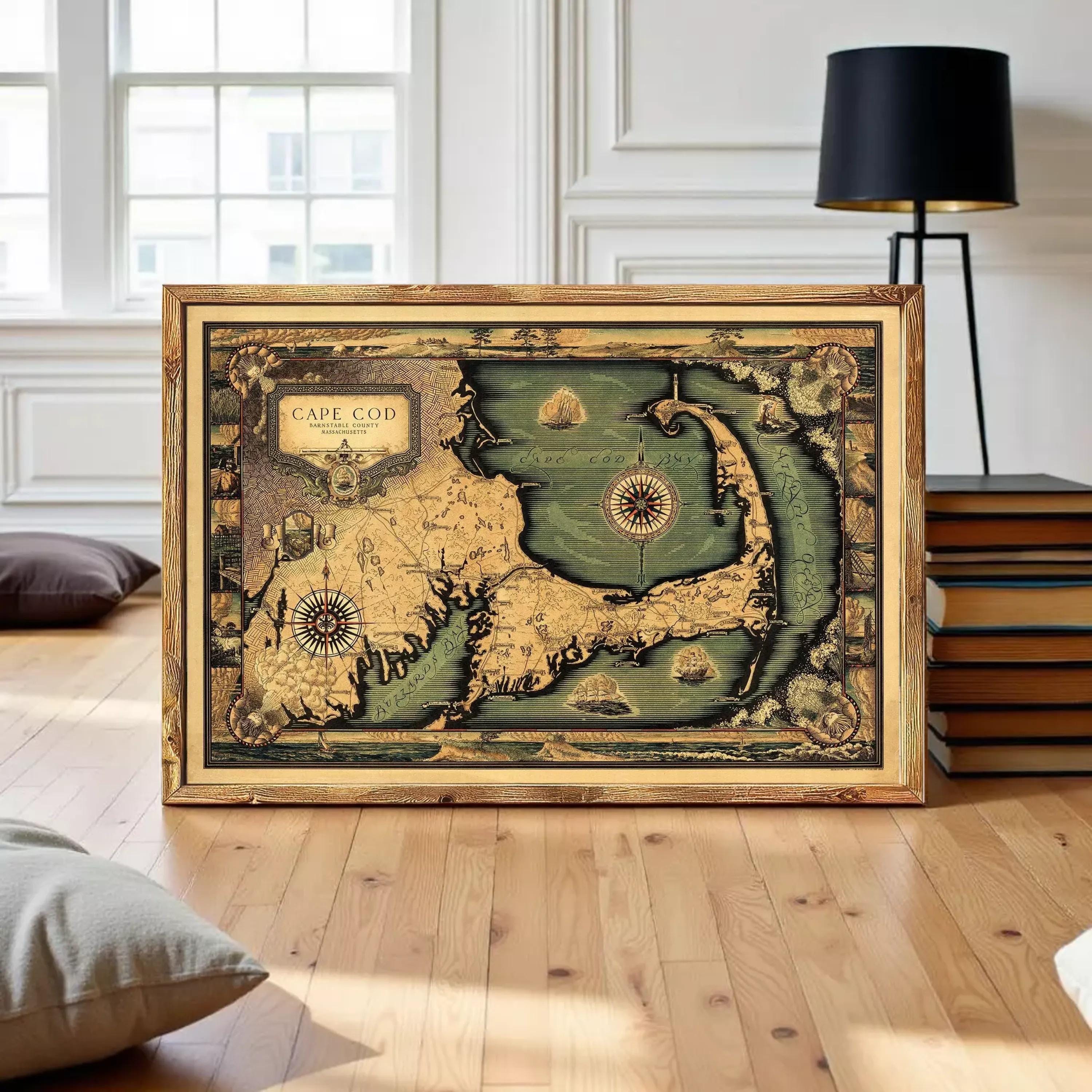 The image is a framed vintage map of Cape Cod, Massachusetts, depicting the coastline and surrounding areas in a detailed and ornate style.