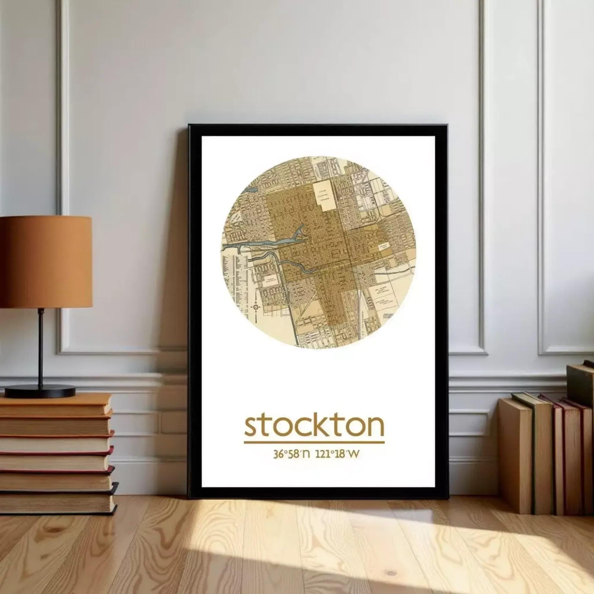 A framed map of Stockton, California, with the text "stockton" and the location "36.58°N 122°18'W" printed on it.