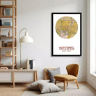 A framed map of the city of Winnipeg, Canada, with the text "WINNIPEG 49° 33' 39.8" W" below the map.
