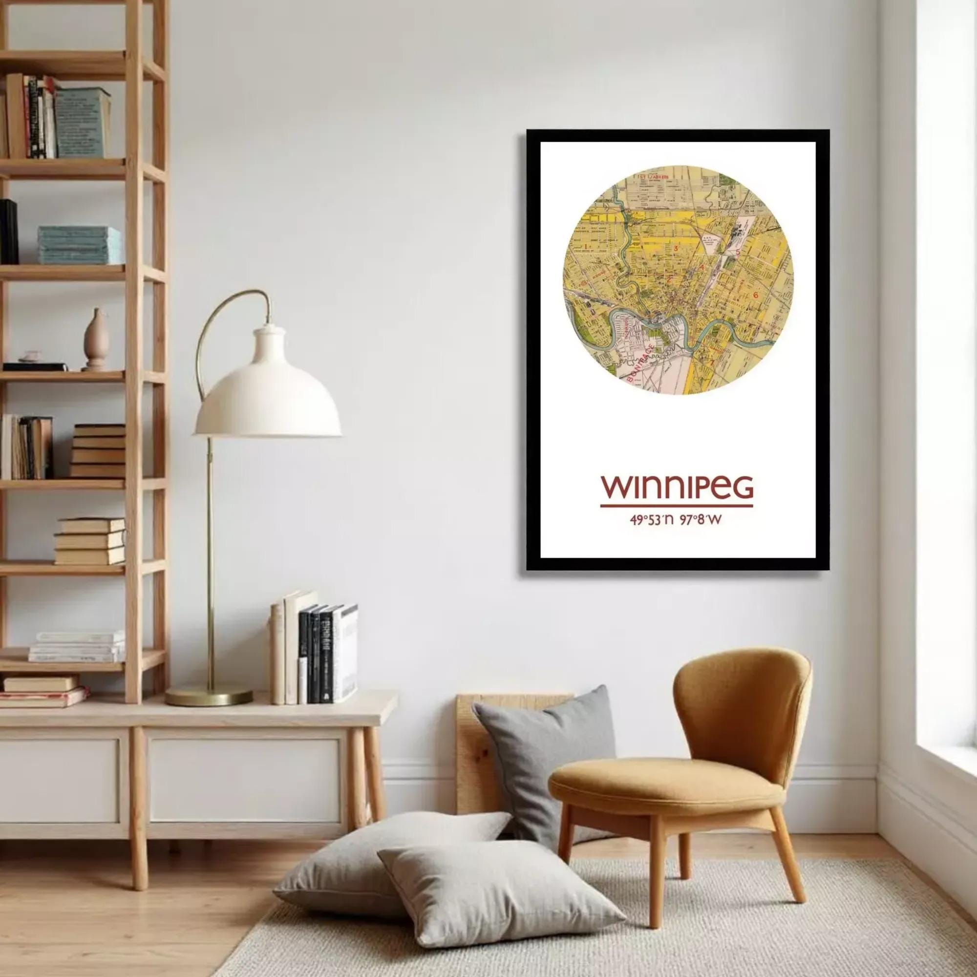 A framed map of the city of Winnipeg, Canada, with the text "WINNIPEG 49° 33' 39.8" W" below the map.