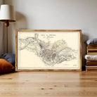 The image is a framed vintage map of a city, likely Paris, with detailed street and area labels.