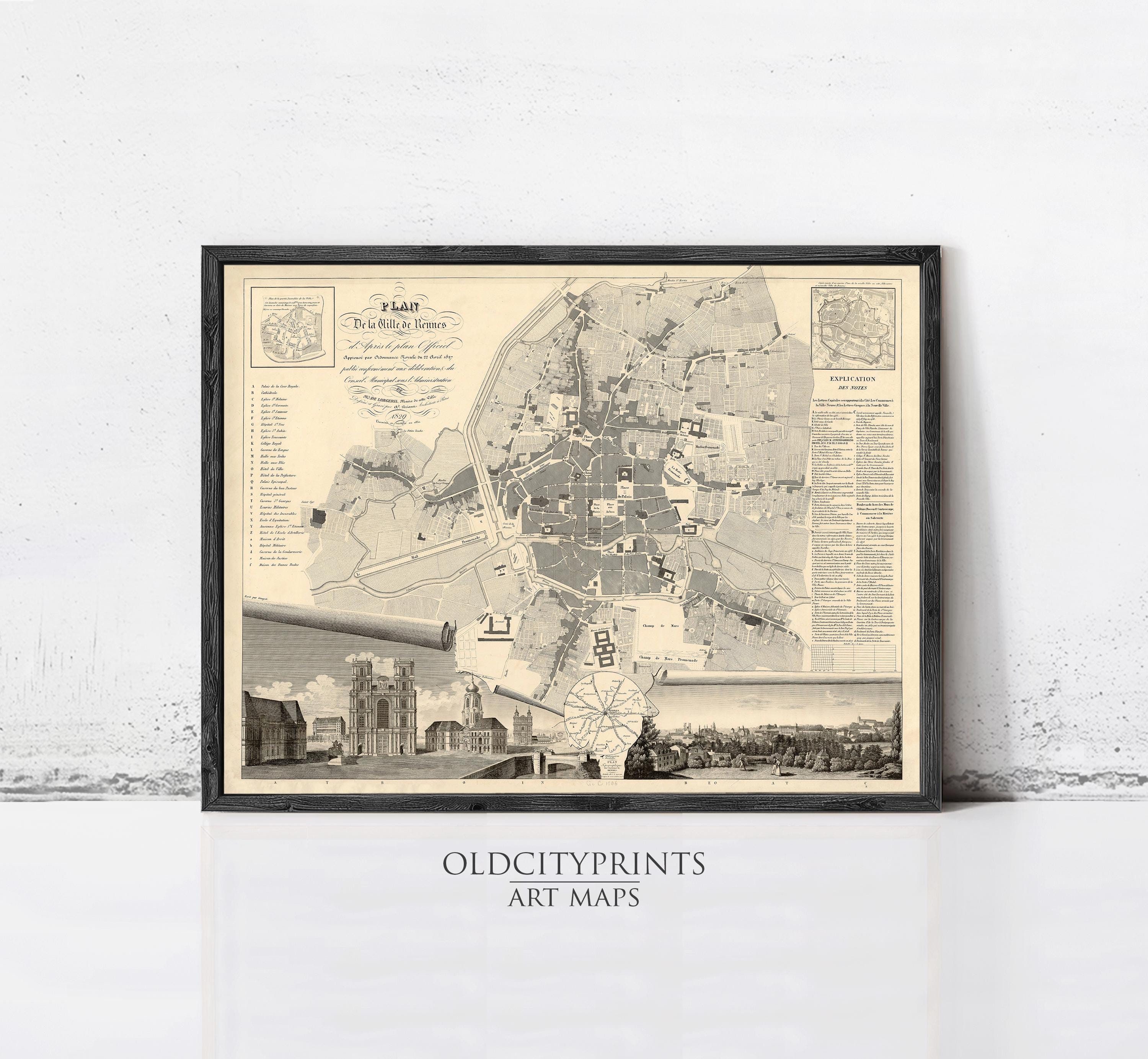 The image is a framed vintage map of a city, likely from the past, with various landmarks and streets depicted.
