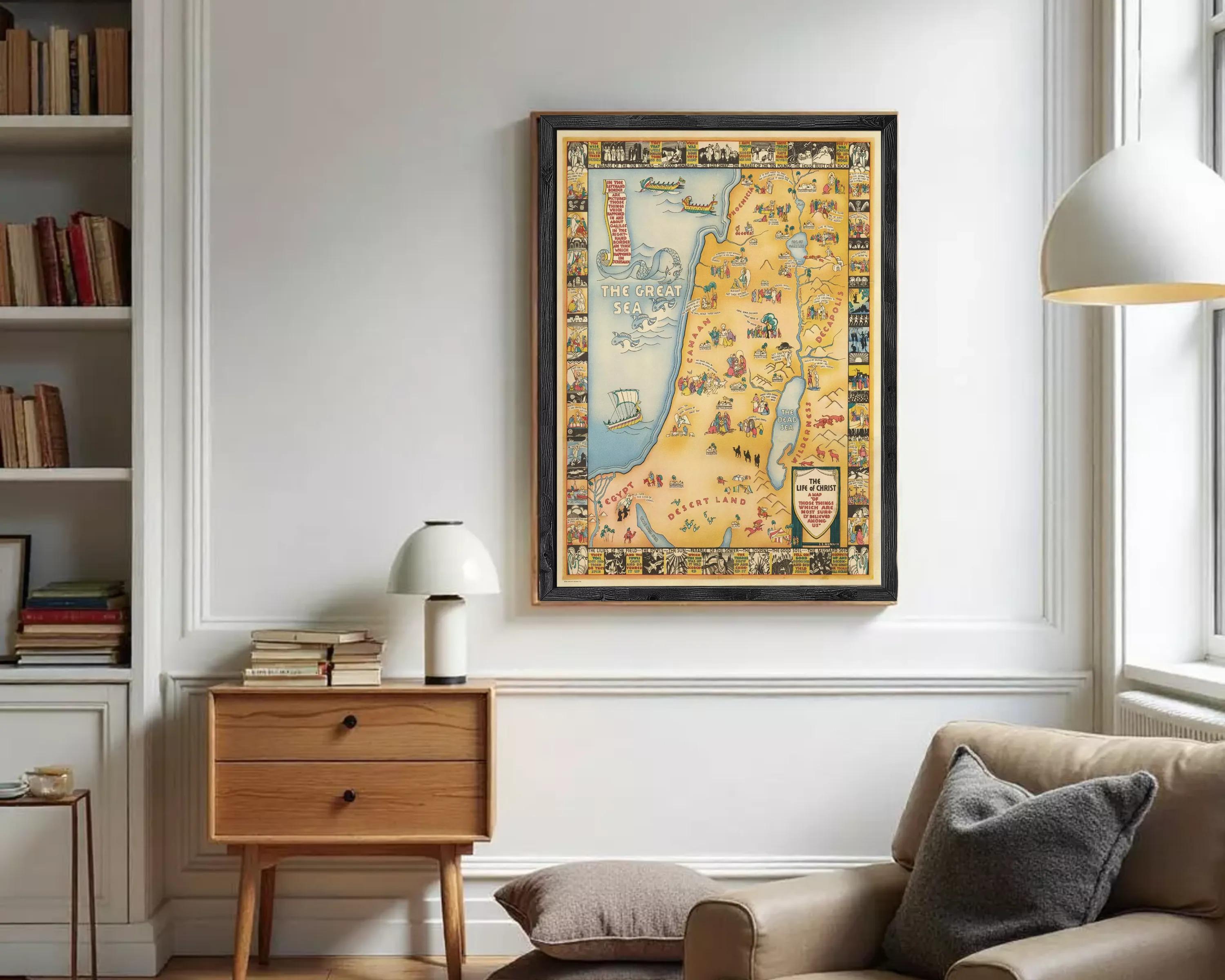 The image is a framed map of the Middle East, depicting various landmarks, countries, and regions within the region.
