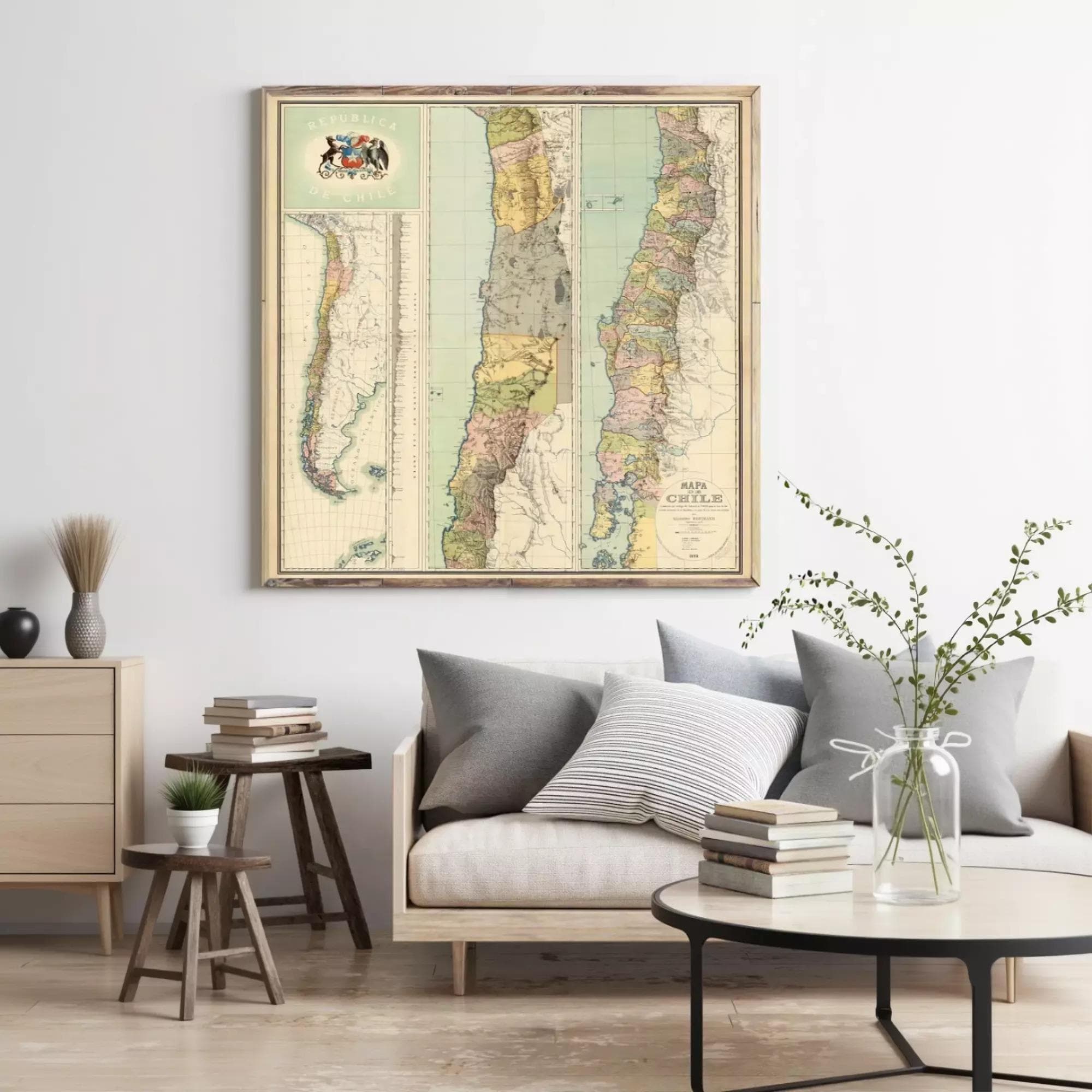 a large framed map of Argentina hanging on a wall in a living room setting.